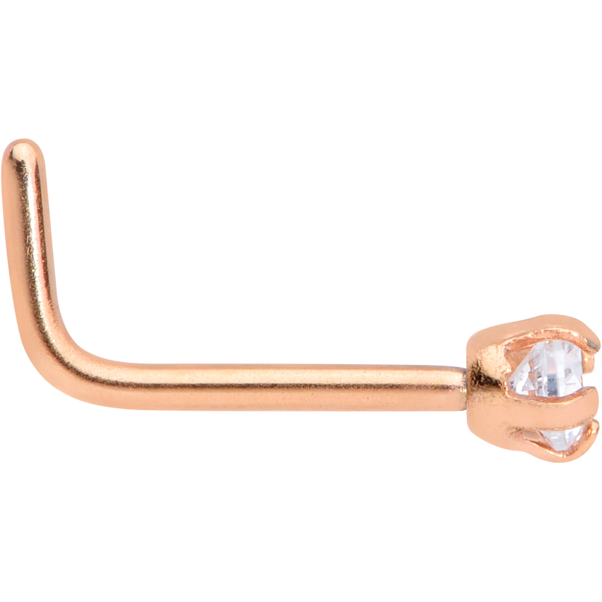 BodyCandy 20G 1/4 Clear 2mm CZ Gem Rose Gold Tone L Shaped Nose Ring — detail close-up