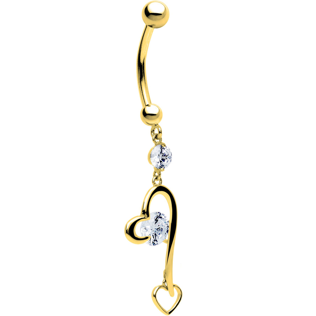 BodyCandy 16G Solid 14K Yellow Gold Cubic Zirconia HEART FANTASY Dangle Belly Ring — detail close-up