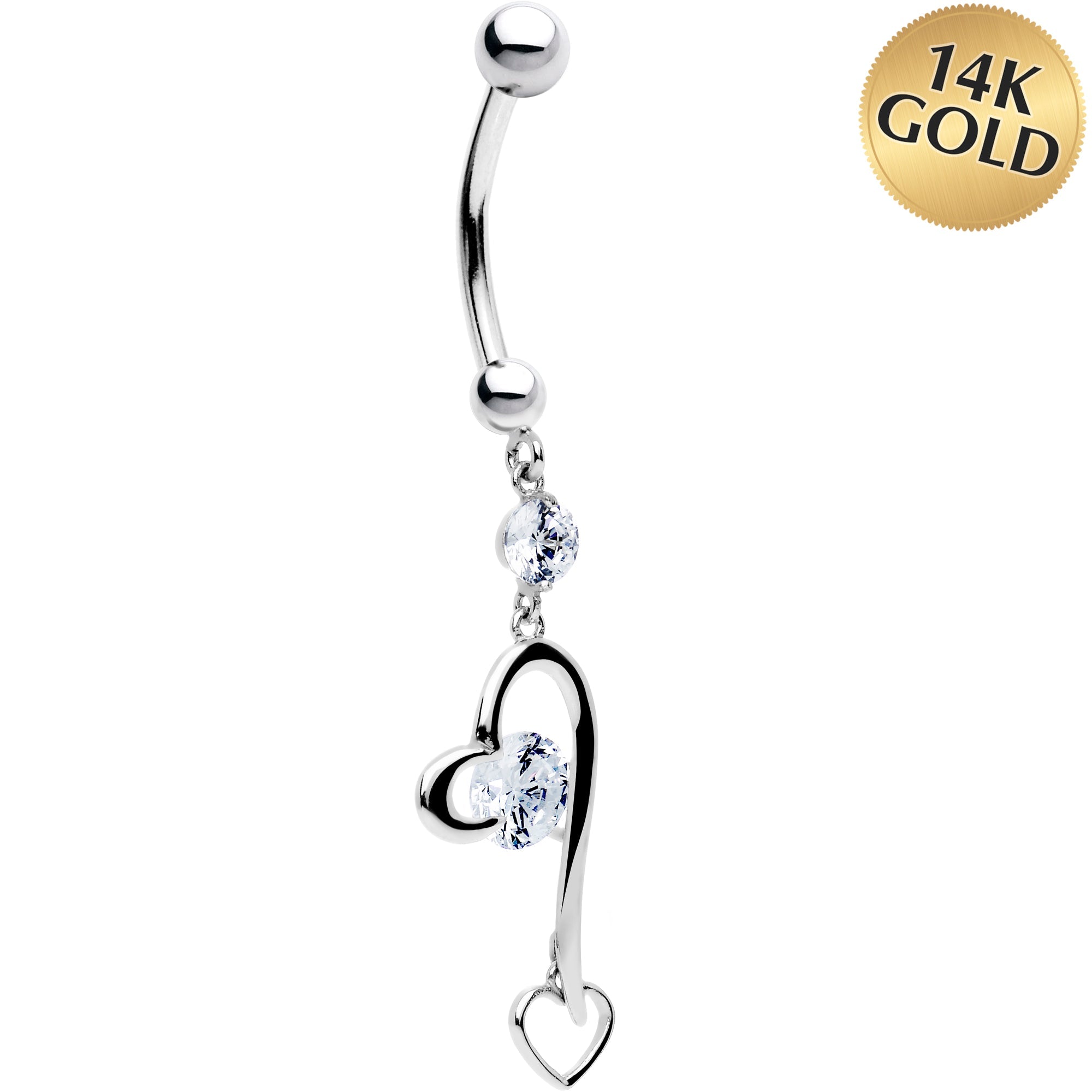 BodyCandy 16G Solid 14K White Gold Cubic Zirconia HEART FANTASY Dangle Belly Ring — main product shot
