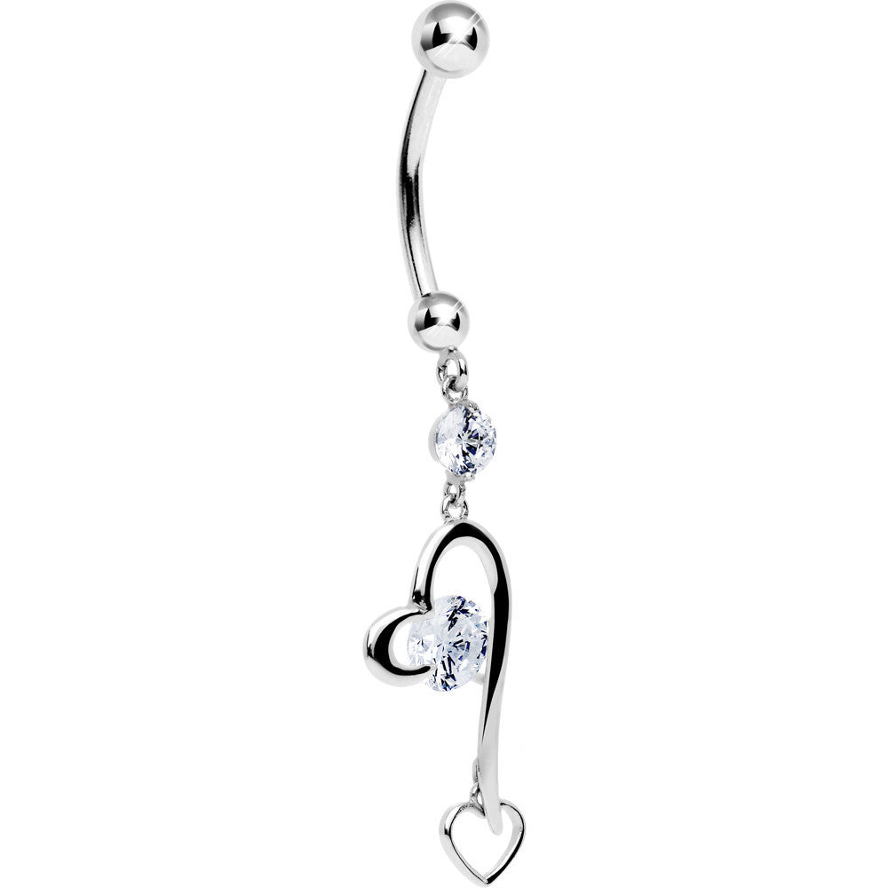 BodyCandy 16G Solid 14K White Gold Cubic Zirconia HEART FANTASY Dangle Belly Ring — detail close-up