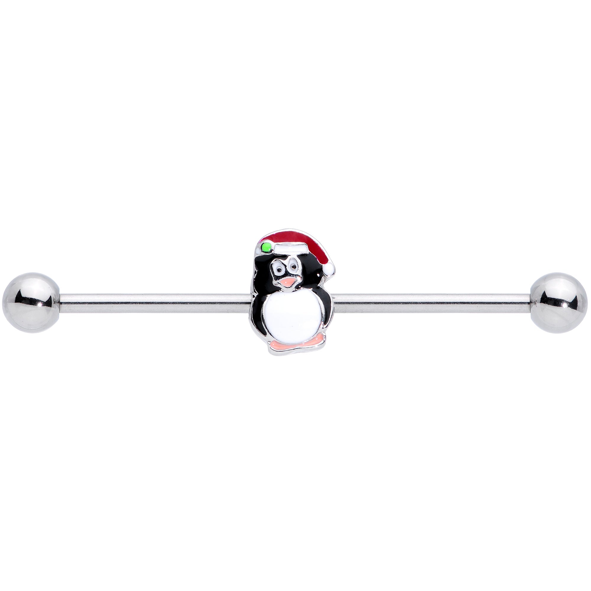 BodyCandy 14G Santa Hat Penguin Christmas Industrial Barbell 38mm — detail close-up