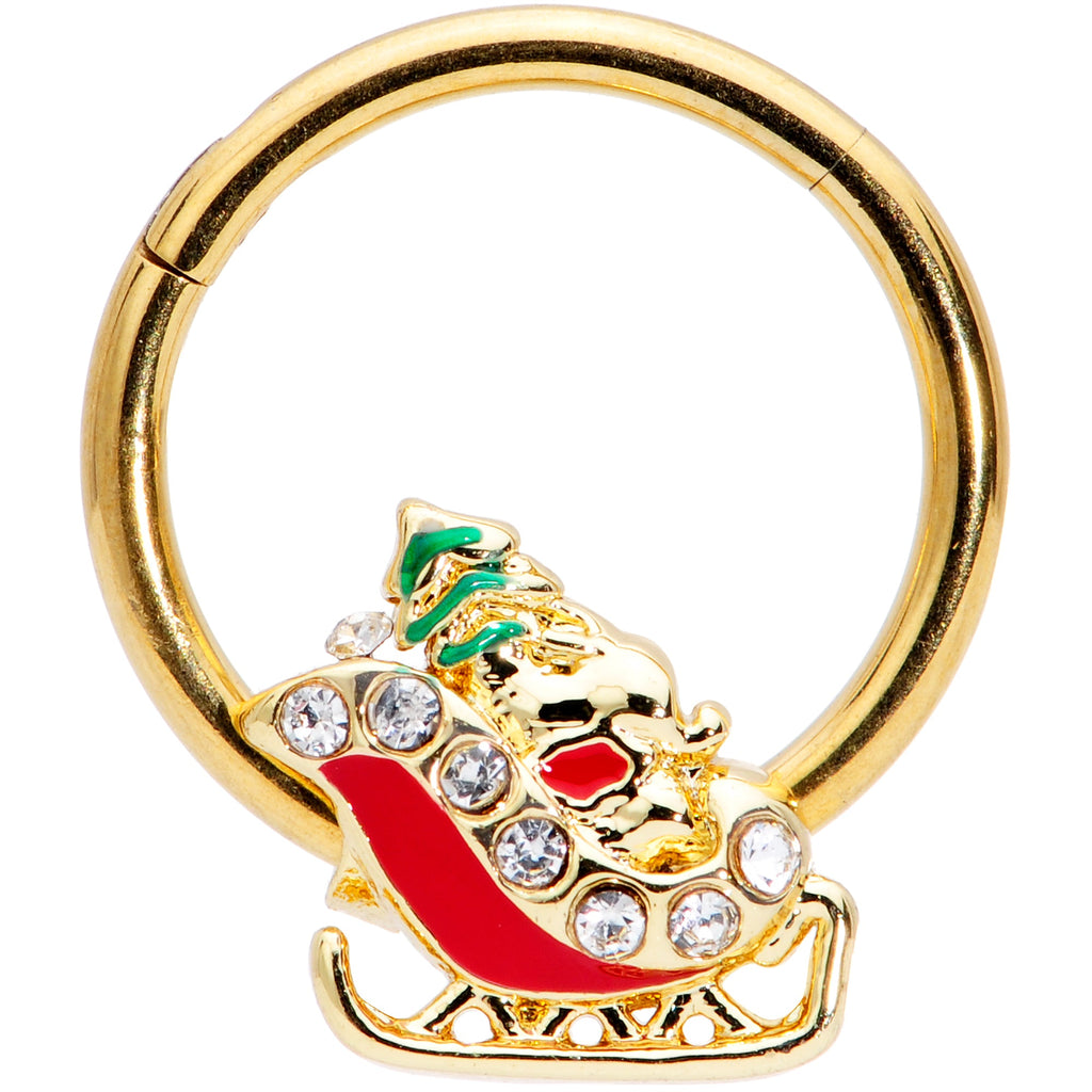 BodyCandy 16G 3/8 Clear Gem Gold Tone Santa Sleigh Christmas Septum Clicker — main product shot