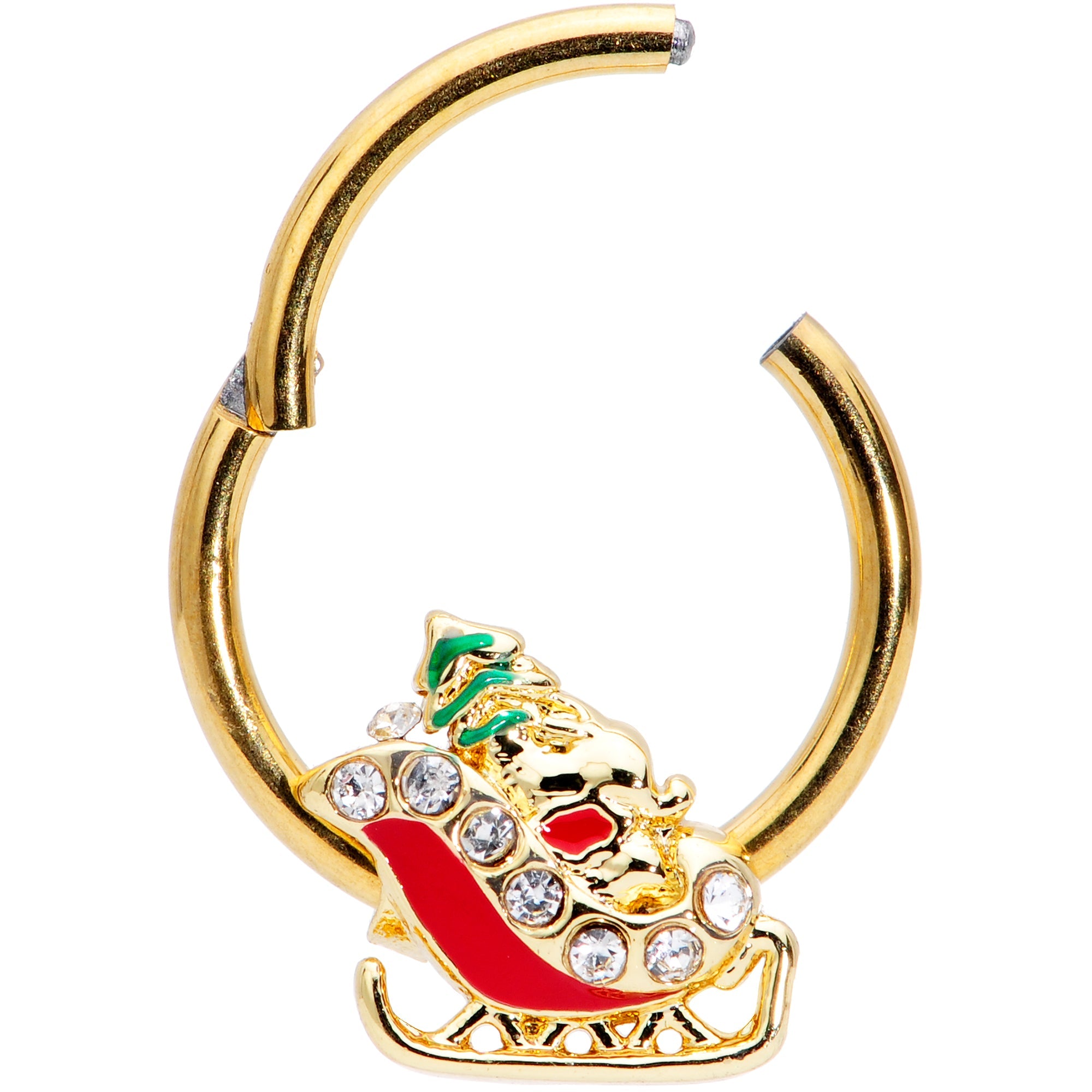 BodyCandy 16G 3/8 Clear Gem Gold Tone Santa Sleigh Christmas Septum Clicker — detail close-up