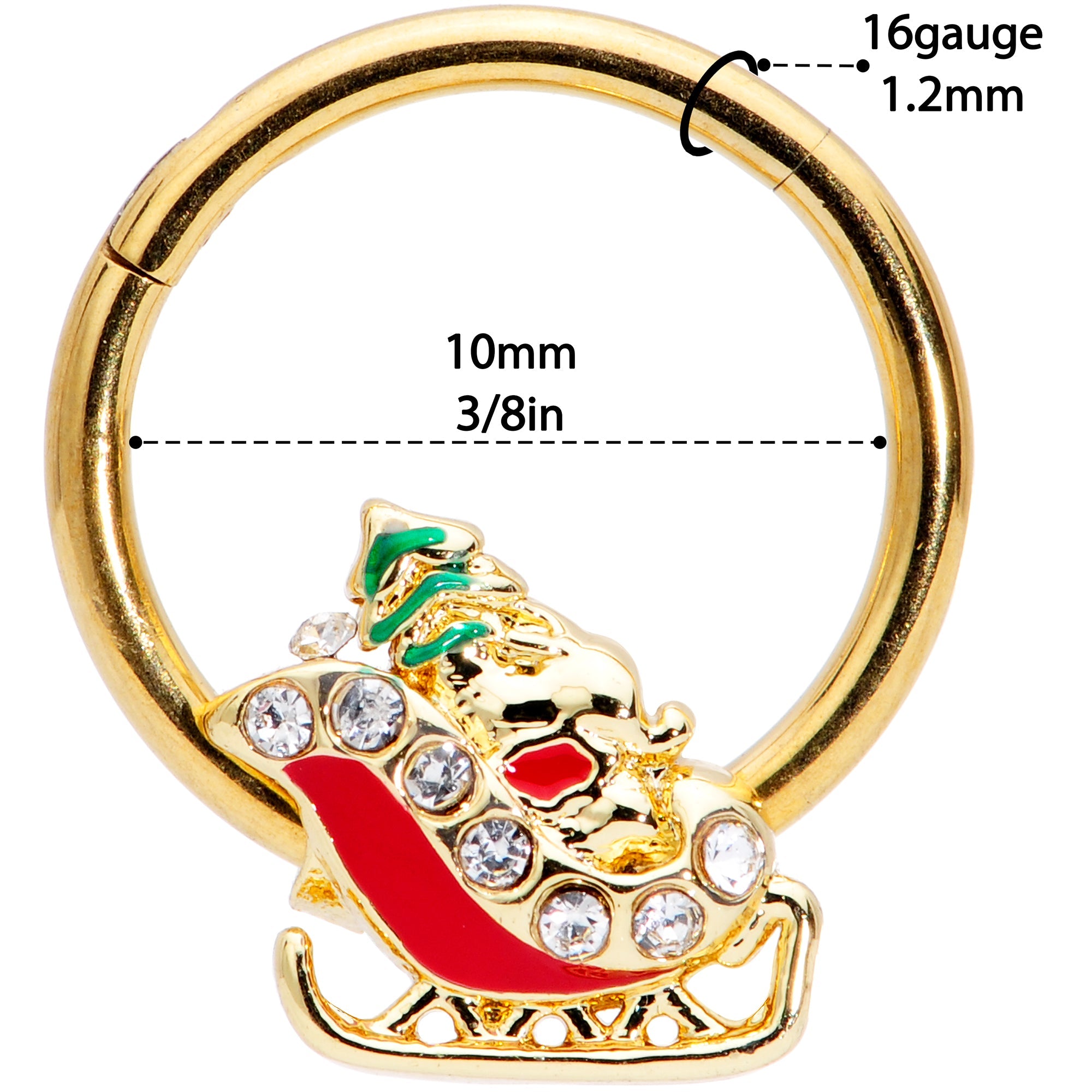 BodyCandy 16G 3/8 Clear Gem Gold Tone Santa Sleigh Christmas Septum Clicker — side view