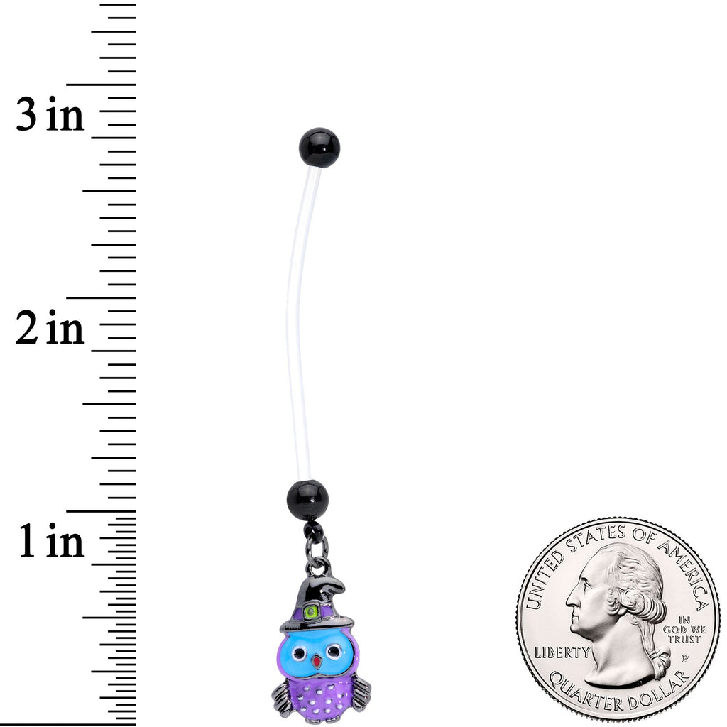 BodyCandy Clear Bioplast Blue Purple Witch Owl Dangle Pregnancy Belly Ring — detail close-up
