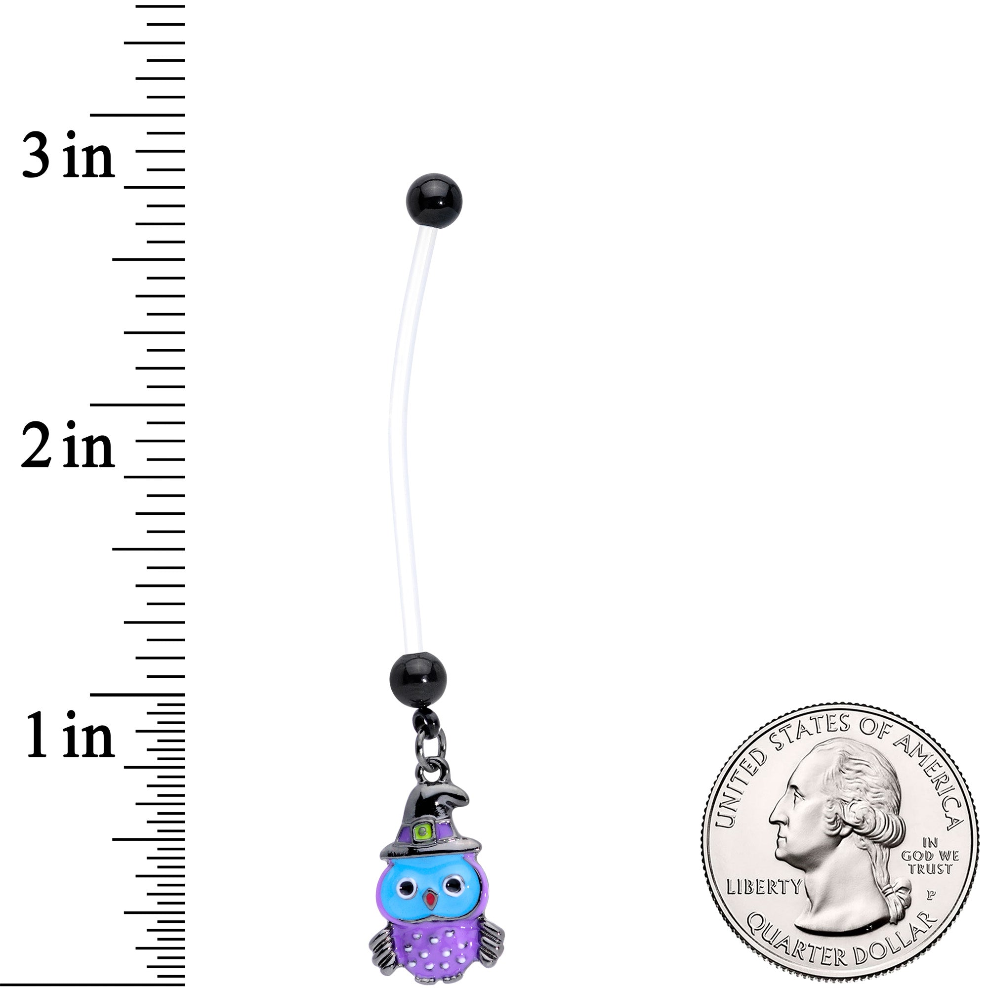 BodyCandy Clear Bioplast Blue Purple Witch Owl Dangle Pregnancy Belly Ring — detail close-up