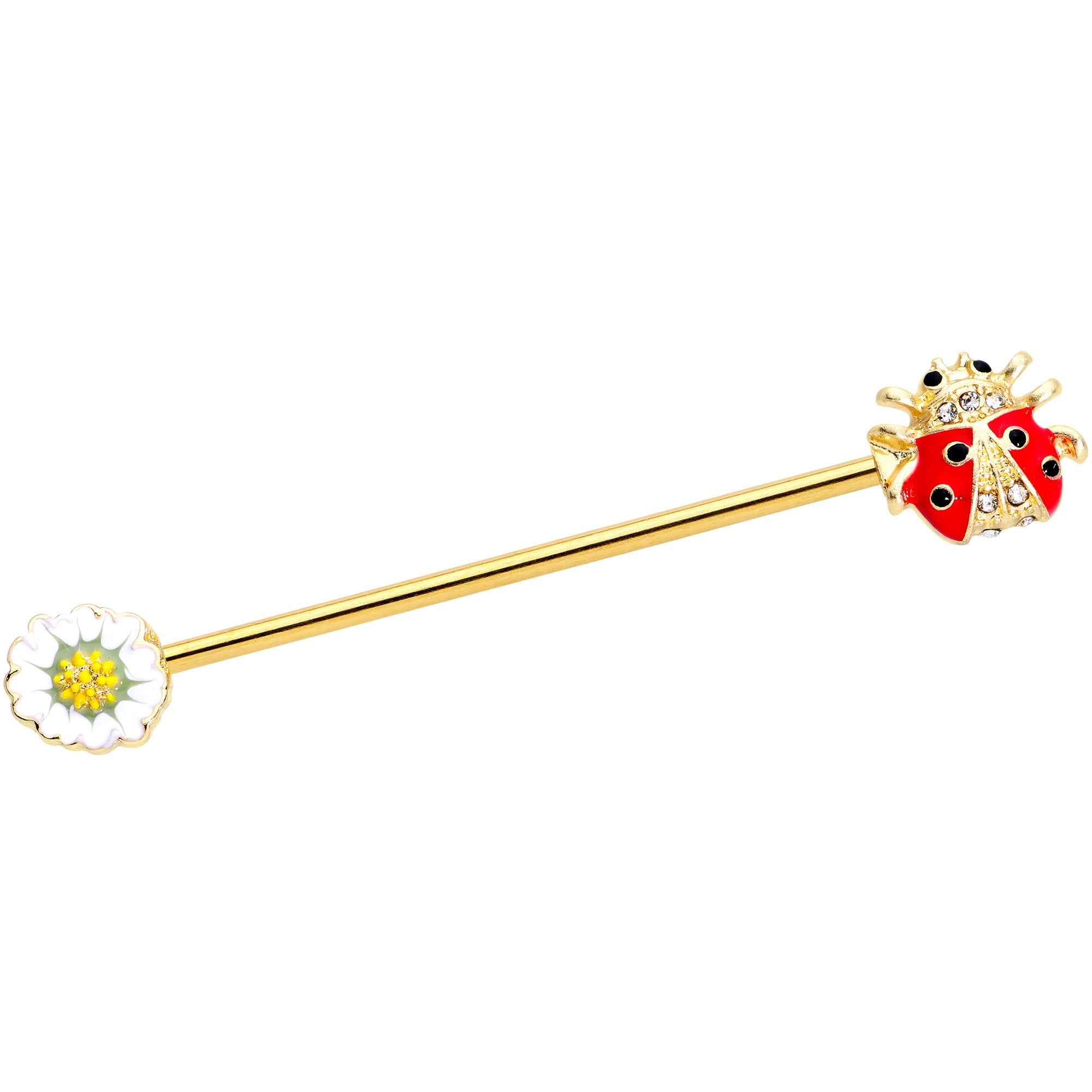 BodyCandy 14G Clear Gem Gold Tone Ladybug Flower Industrial Barbell 38mm — main product shot
