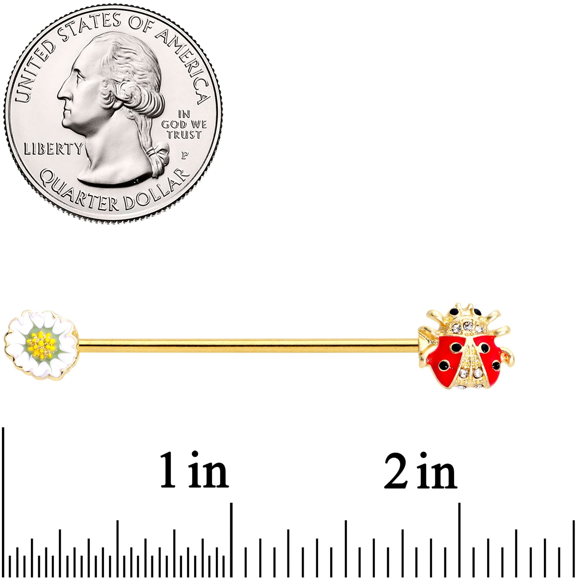 BodyCandy 14G Clear Gem Gold Tone Ladybug Flower Industrial Barbell 38mm — detail close-up
