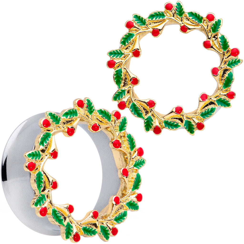 BodyCandy Happy Holiday Wreath Christmas Double Flare Plug Set 4G to 1 Inch — flat-lay composition