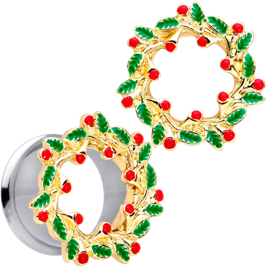 BodyCandy Happy Holiday Wreath Christmas Double Flare Plug Set 4G to 1 Inch — fabric or material detail