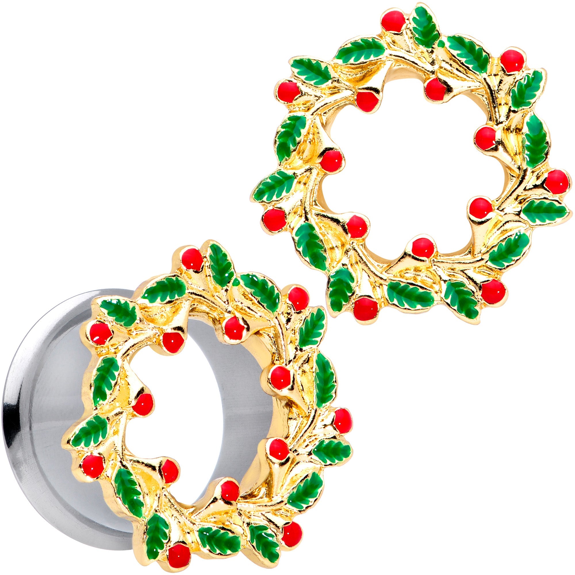 BodyCandy Happy Holiday Wreath Christmas Double Flare Plug Set 4G to 1 Inch — fabric or material detail