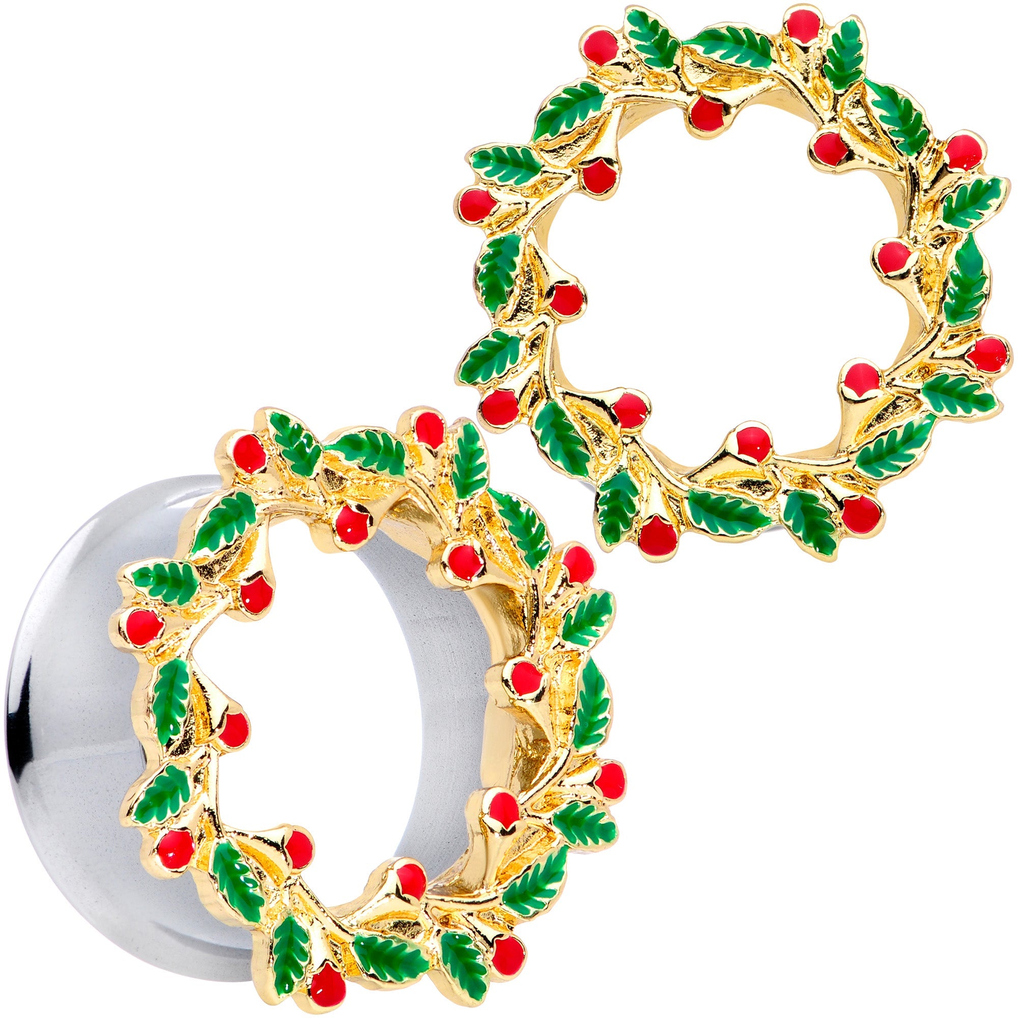 BodyCandy Happy Holiday Wreath Christmas Double Flare Plug Set 4G to 1 Inch — product on model