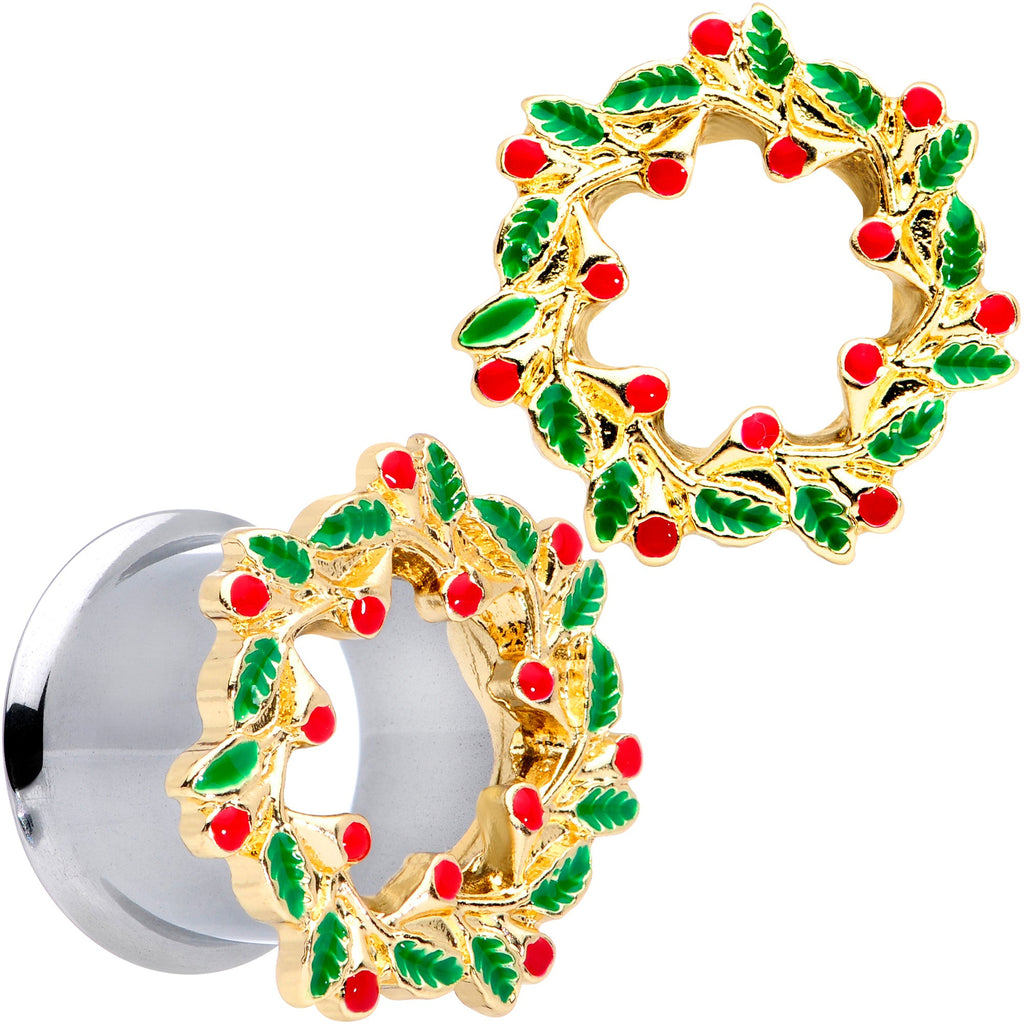BodyCandy Happy Holiday Wreath Christmas Double Flare Plug Set 4G to 1 Inch — comparison shot