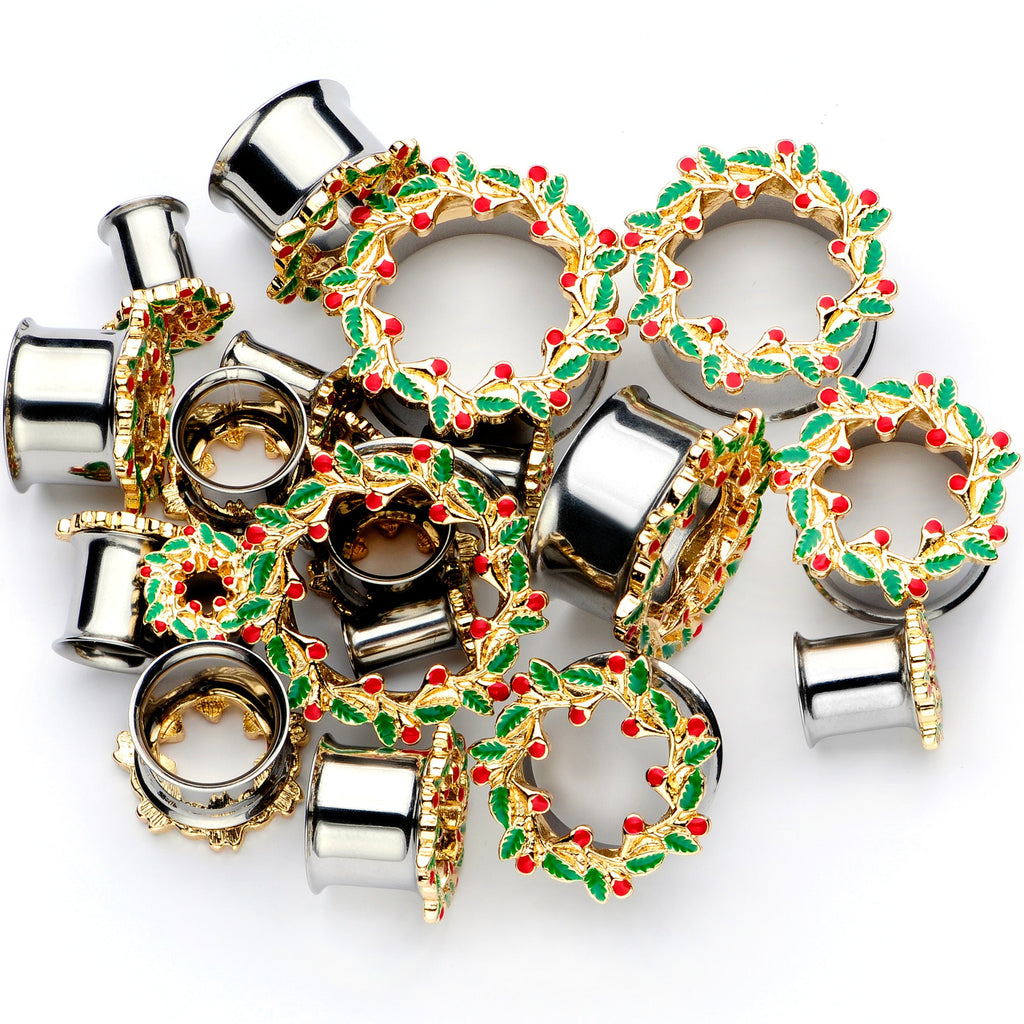 BodyCandy Happy Holiday Wreath Christmas Double Flare Plug Set 4G to 1 Inch — main product shot