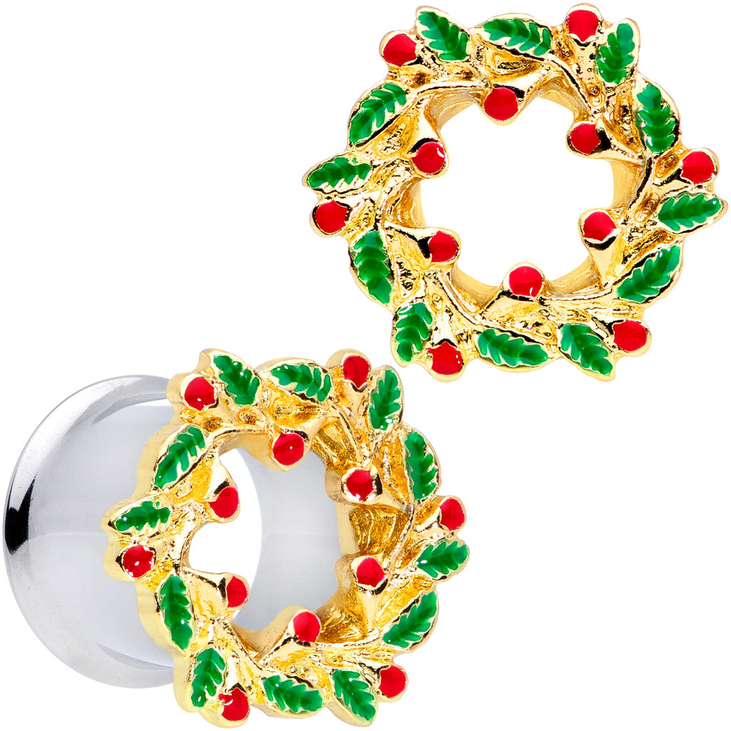 BodyCandy Happy Holiday Wreath Christmas Double Flare Plug Set 4G to 1 Inch — detail close-up