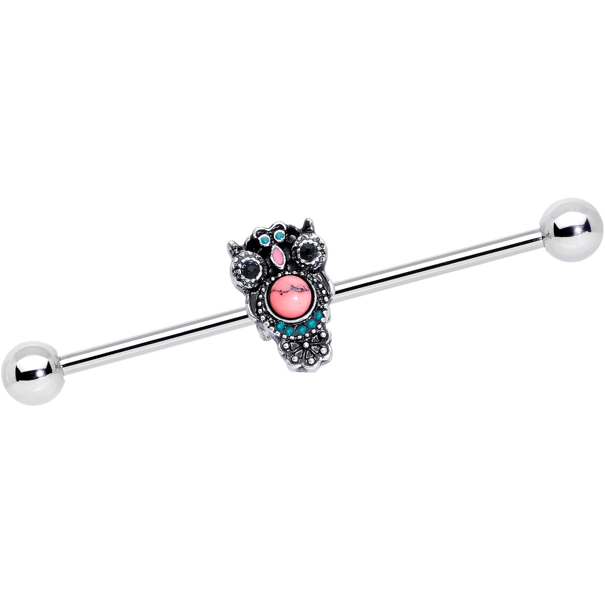 BodyCandy 14G Black Gem Pink Orb Owl Industrial Barbell 38mm — main product shot
