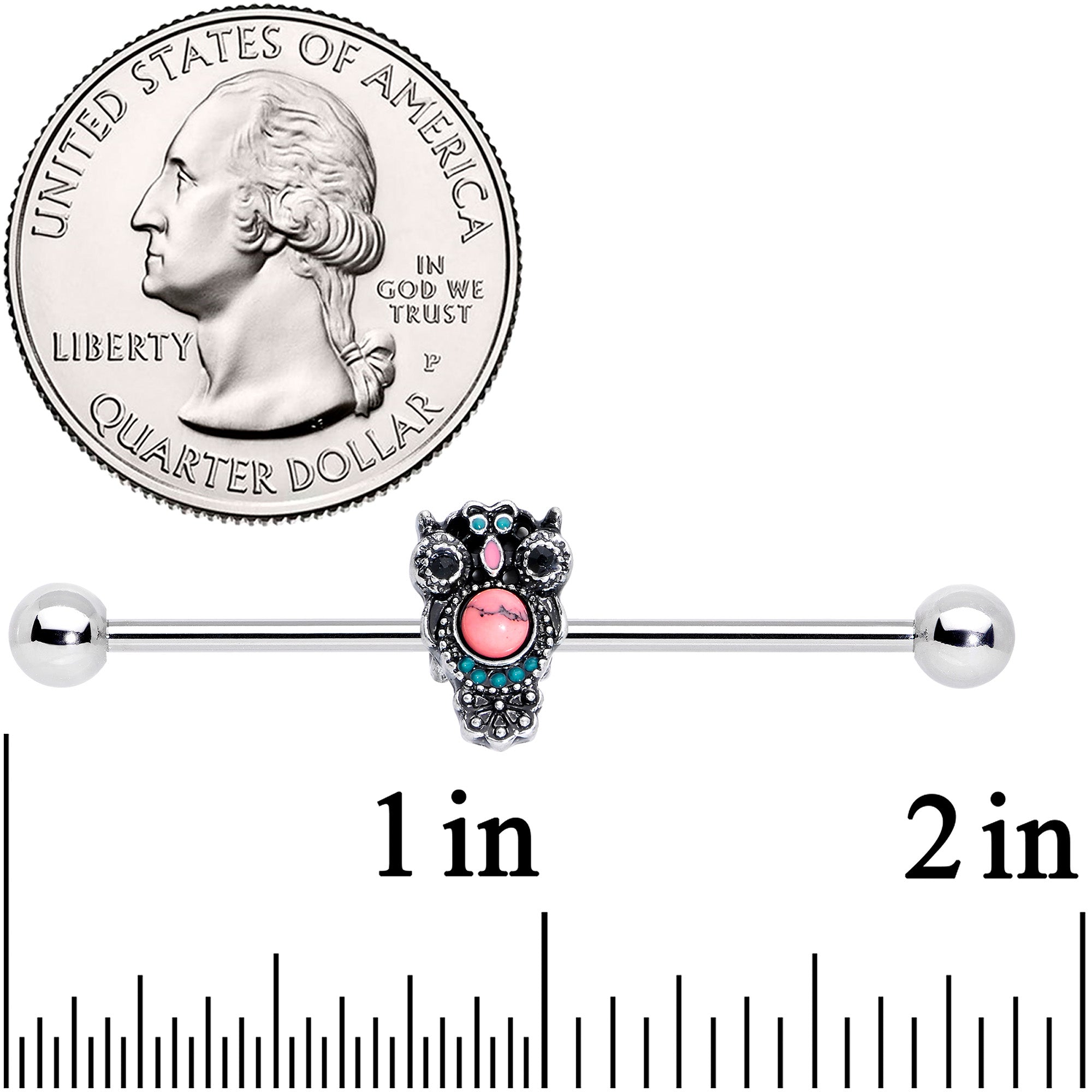 BodyCandy 14G Black Gem Pink Orb Owl Industrial Barbell 38mm — detail close-up