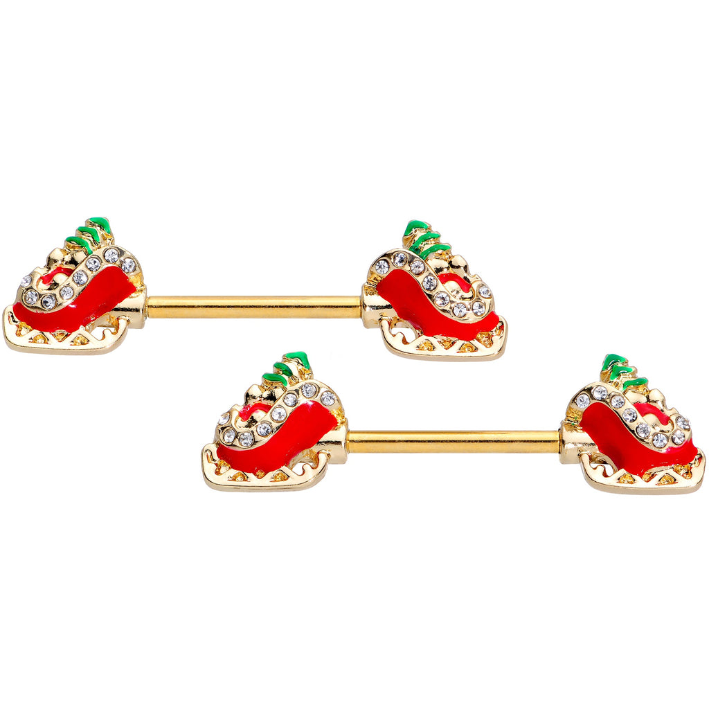 BodyCandy 14G 9/16 Clear Gem Santa Sleigh Christmas Barbell Nipple Ring Set — main product shot