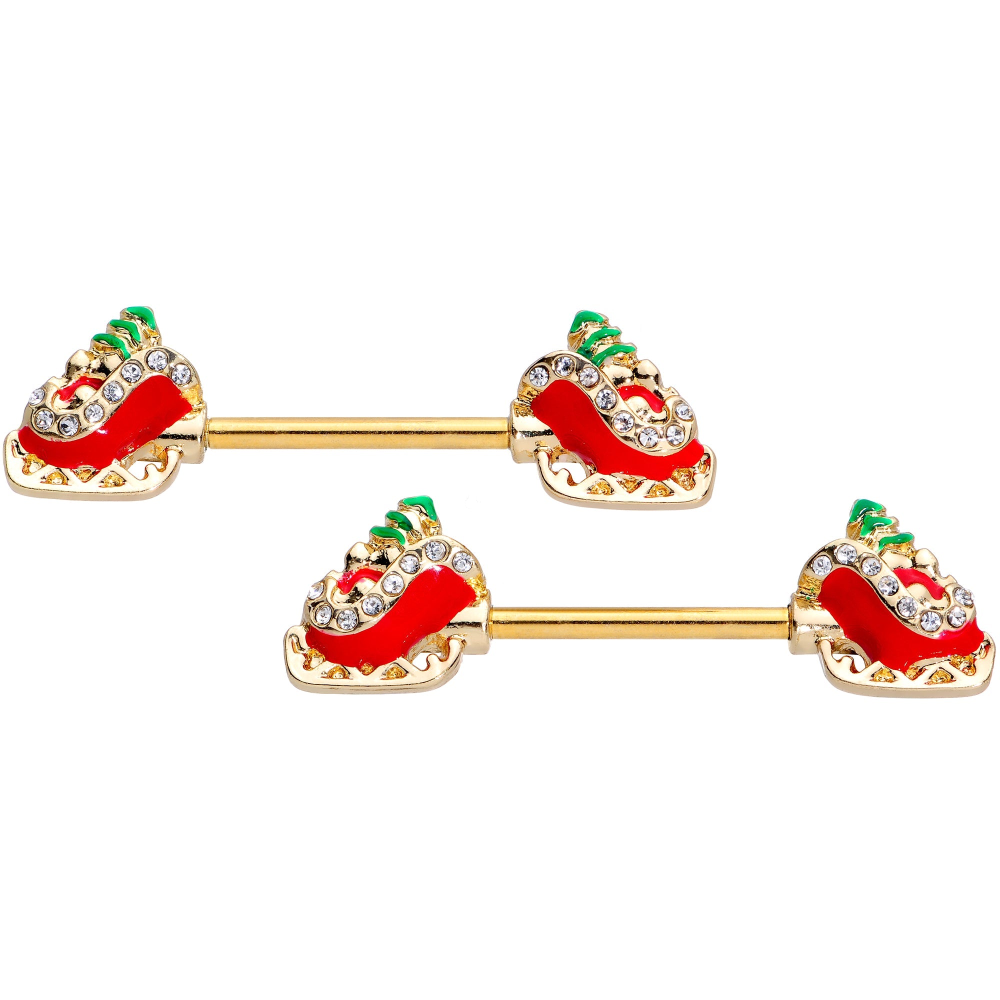 BodyCandy 14G 9/16 Clear Gem Santa Sleigh Christmas Barbell Nipple Ring Set — main product shot