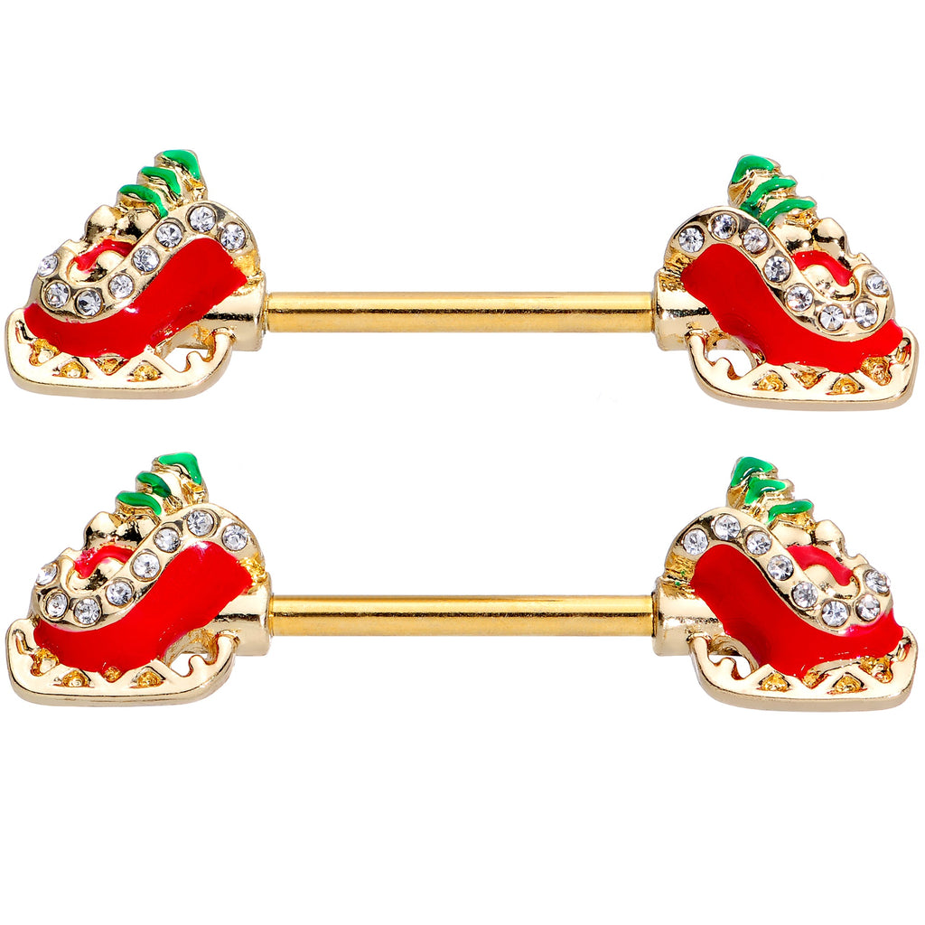 BodyCandy 14G 9/16 Clear Gem Santa Sleigh Christmas Barbell Nipple Ring Set — detail close-up