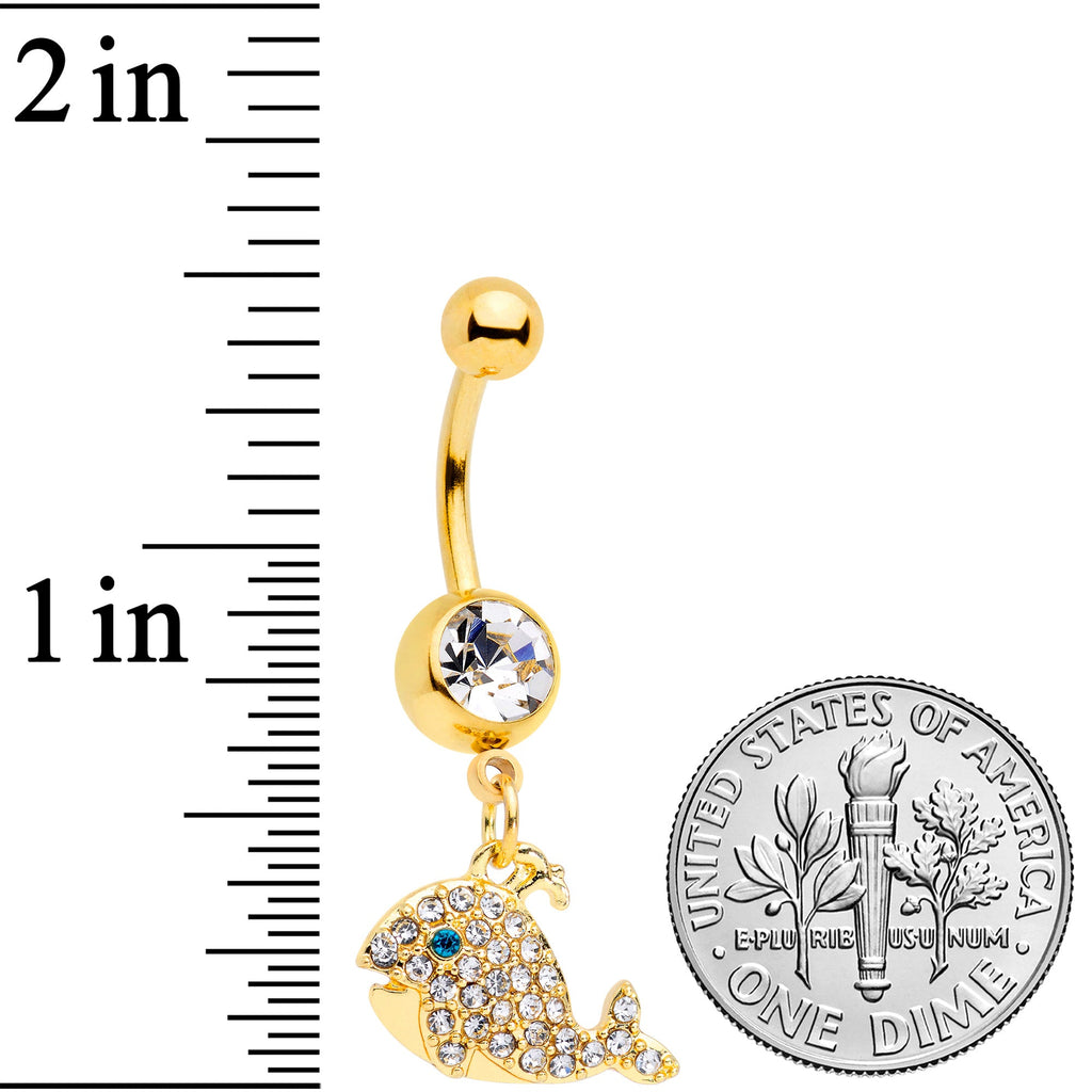 BodyCandy Clear Aqua Gem Gold Tone Whale Dangle Belly Ring — detail close-up