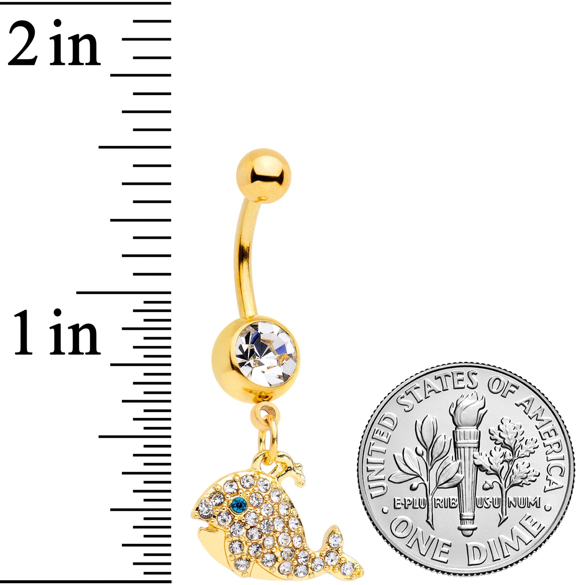 BodyCandy Clear Aqua Gem Gold Tone Whale Dangle Belly Ring — detail close-up