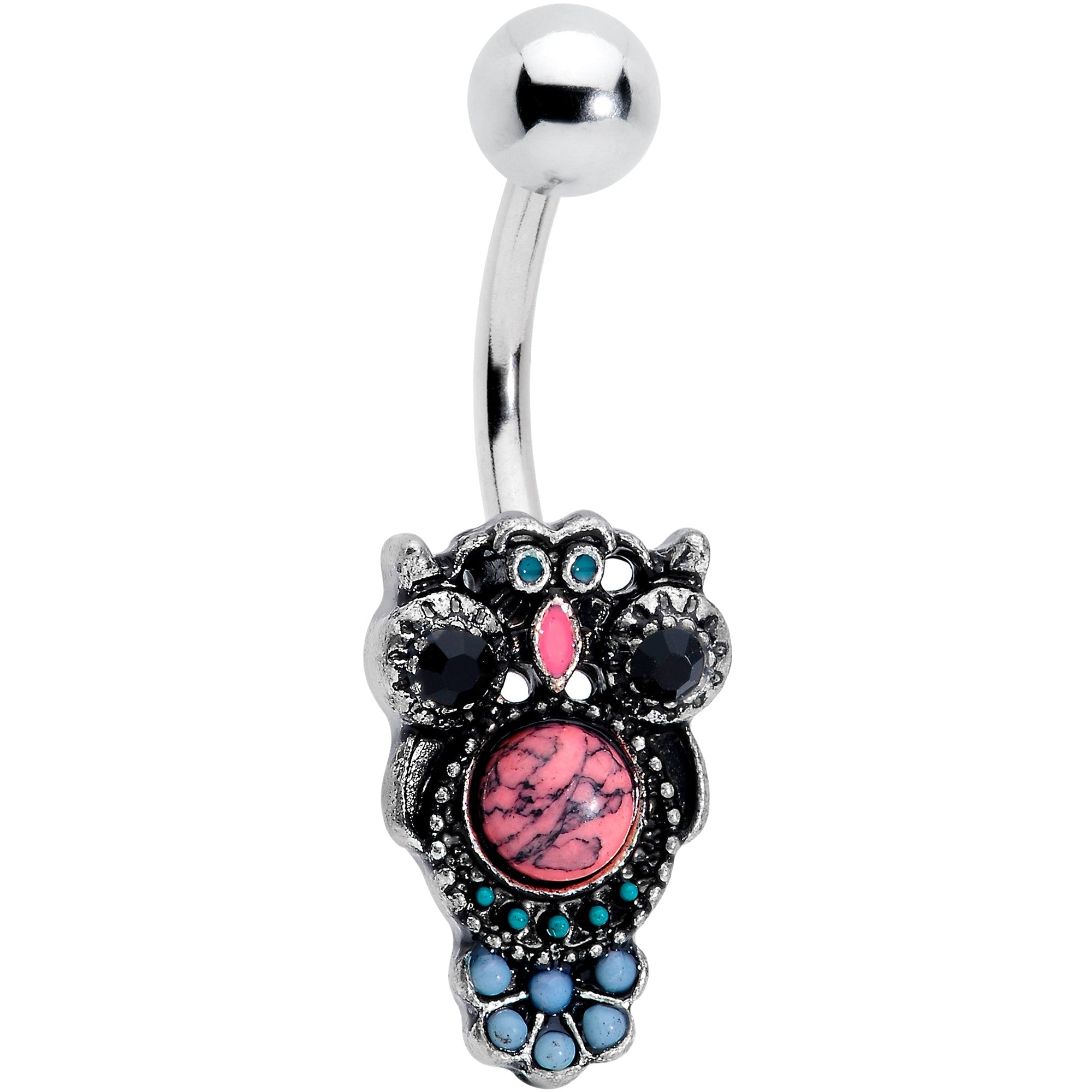 BodyCandy Black Gem Pink Orb Owl Belly Ring — main product shot