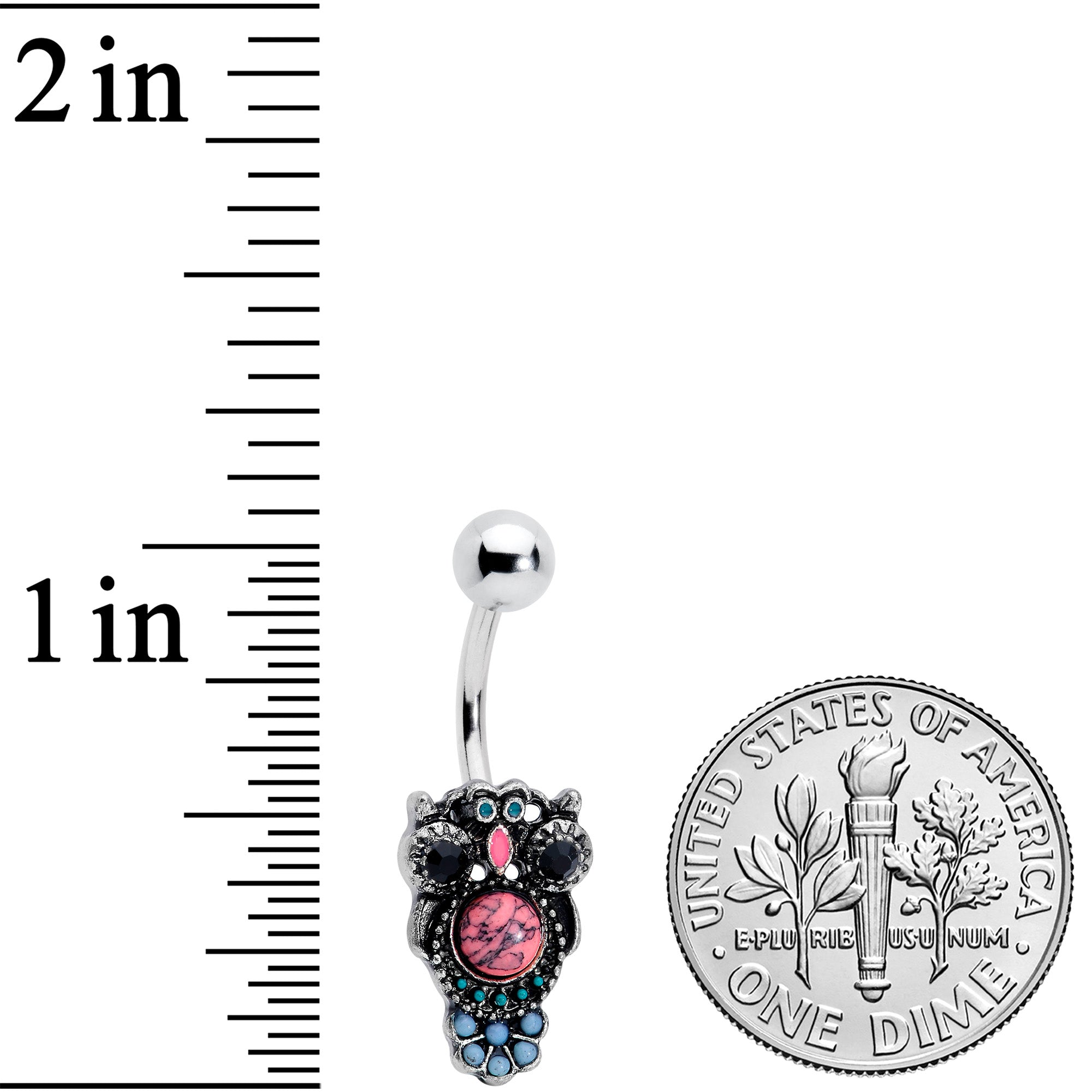 BodyCandy Black Gem Pink Orb Owl Belly Ring — detail close-up