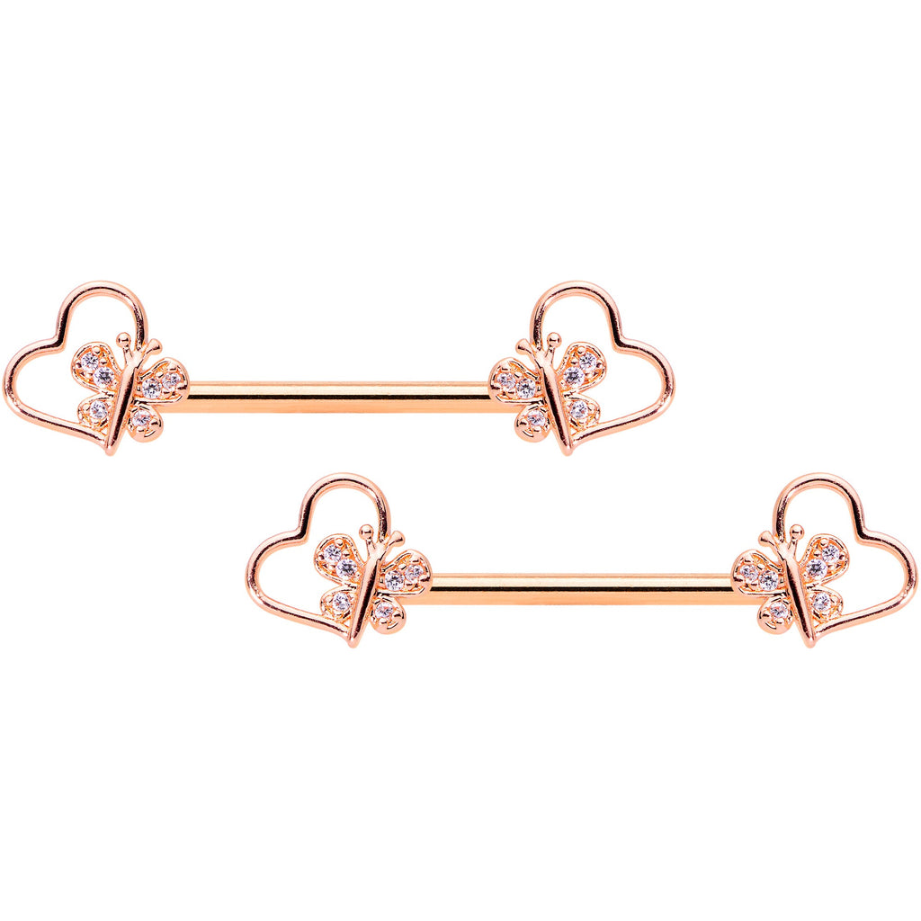 BodyCandy 14G 9/16 Clear CZ Rose Gold Tone Heart Barbell Nipple Ring Set — main product shot