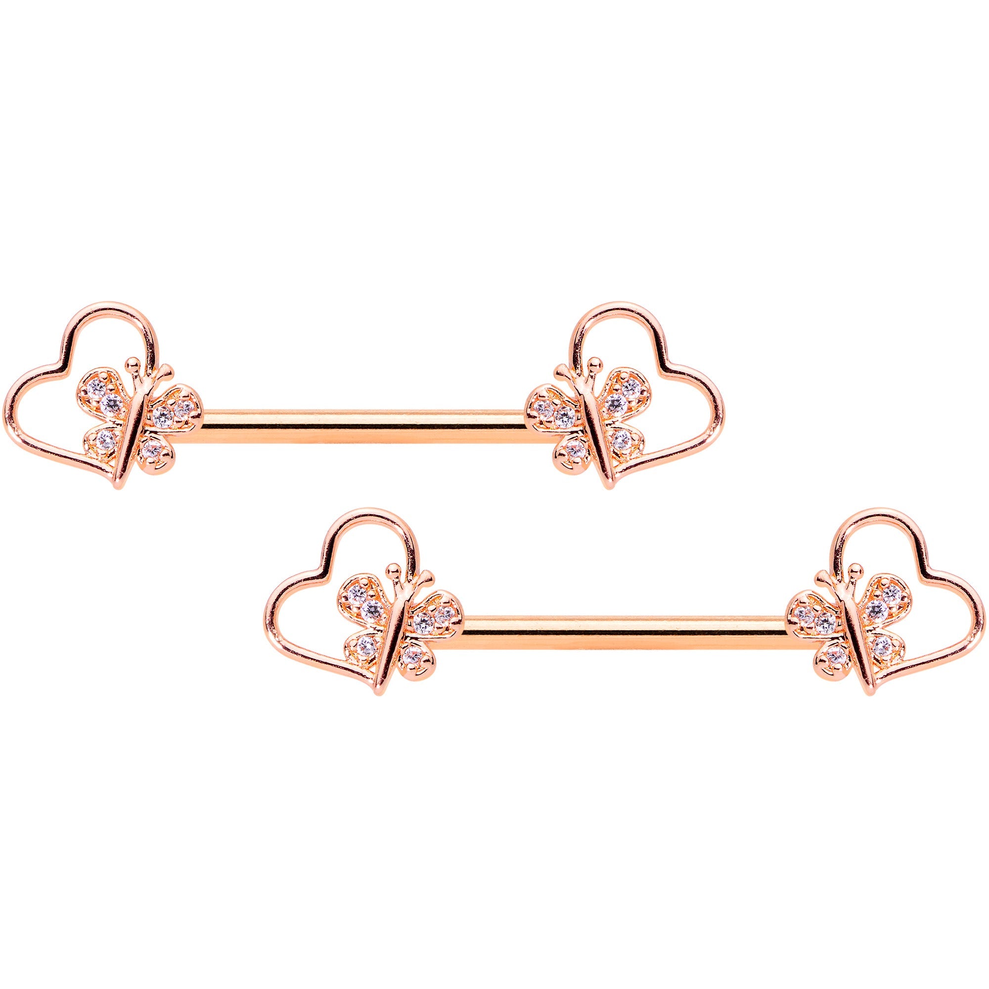 BodyCandy 14G 9/16 Clear CZ Rose Gold Tone Heart Barbell Nipple Ring Set — main product shot