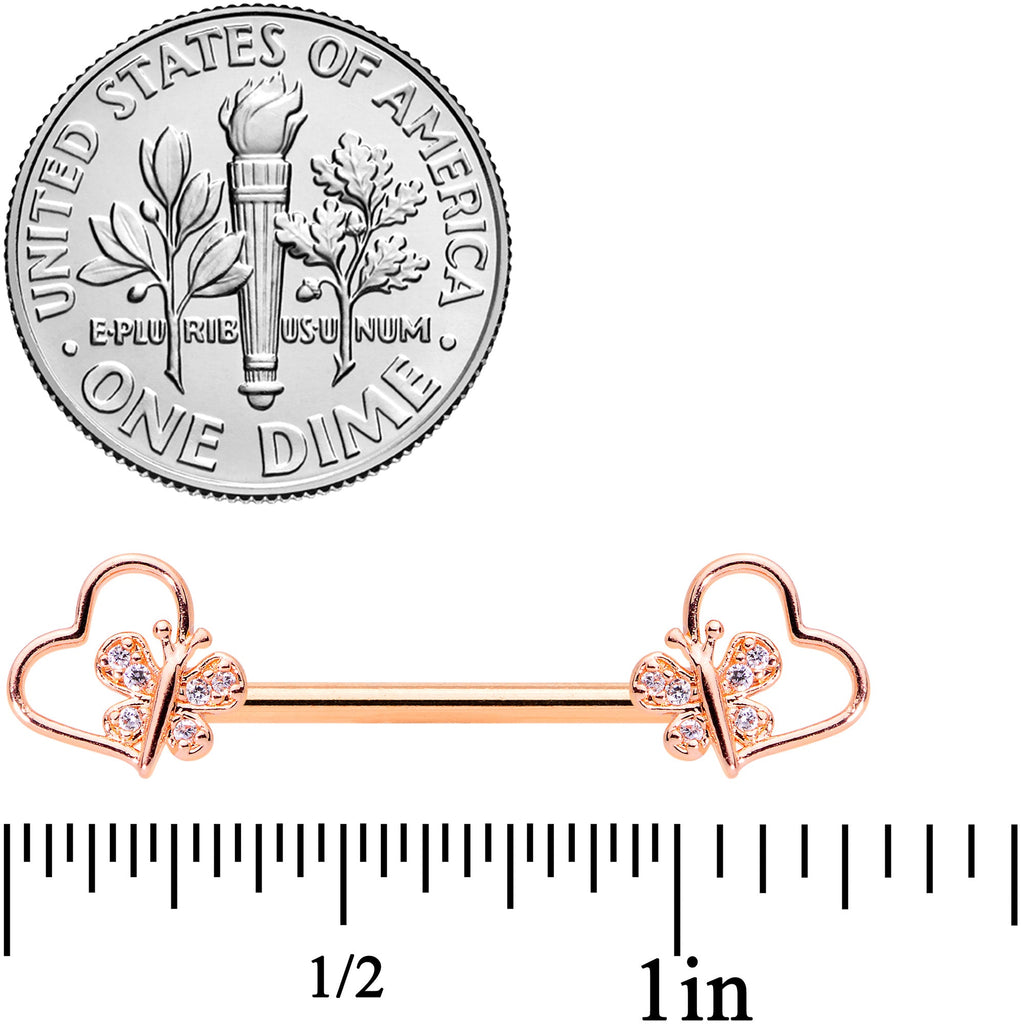 BodyCandy 14G 9/16 Clear CZ Rose Gold Tone Heart Barbell Nipple Ring Set — detail close-up