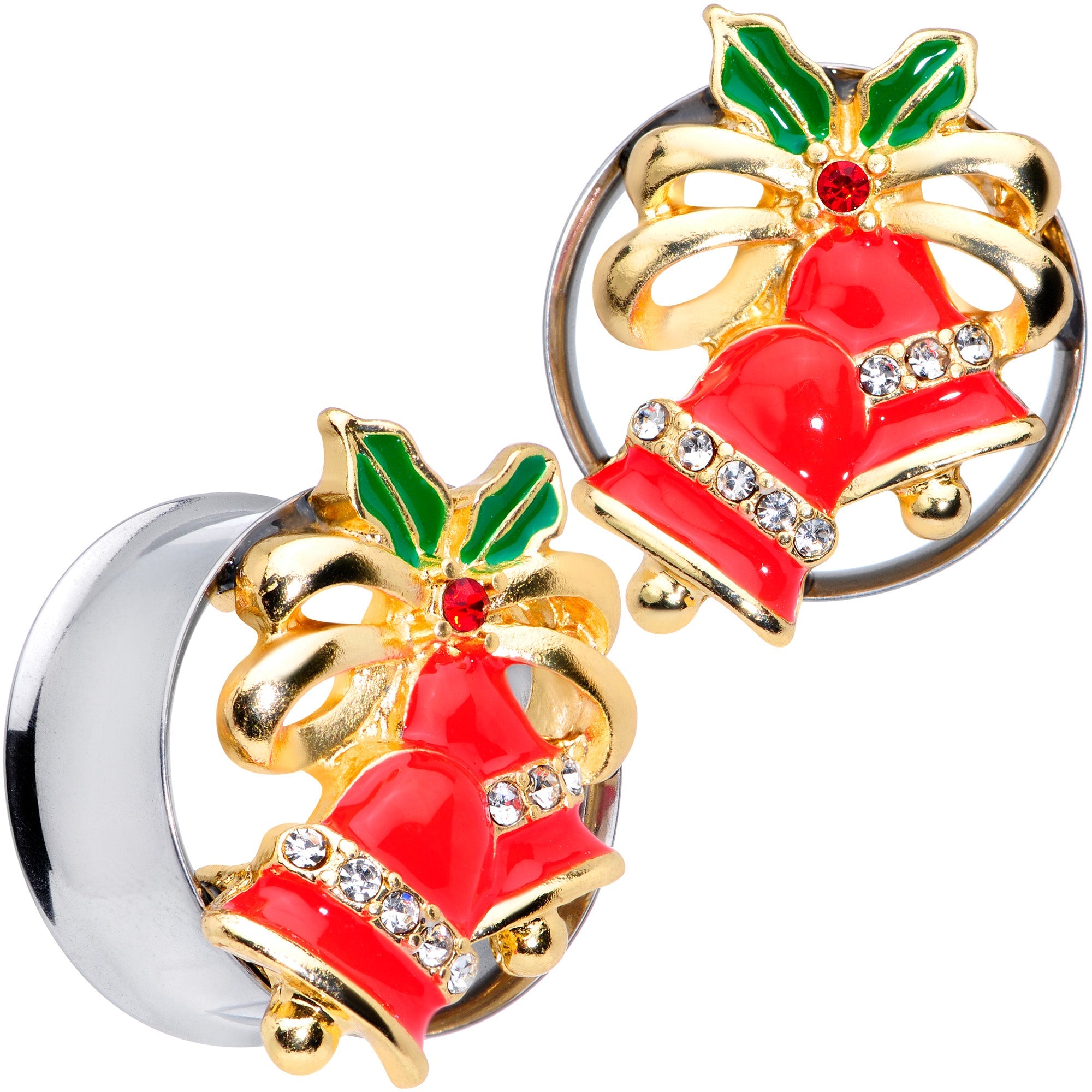 BodyCandy Clear Gem Holiday Bells Christmas Double Flare Plug Set — product on model
