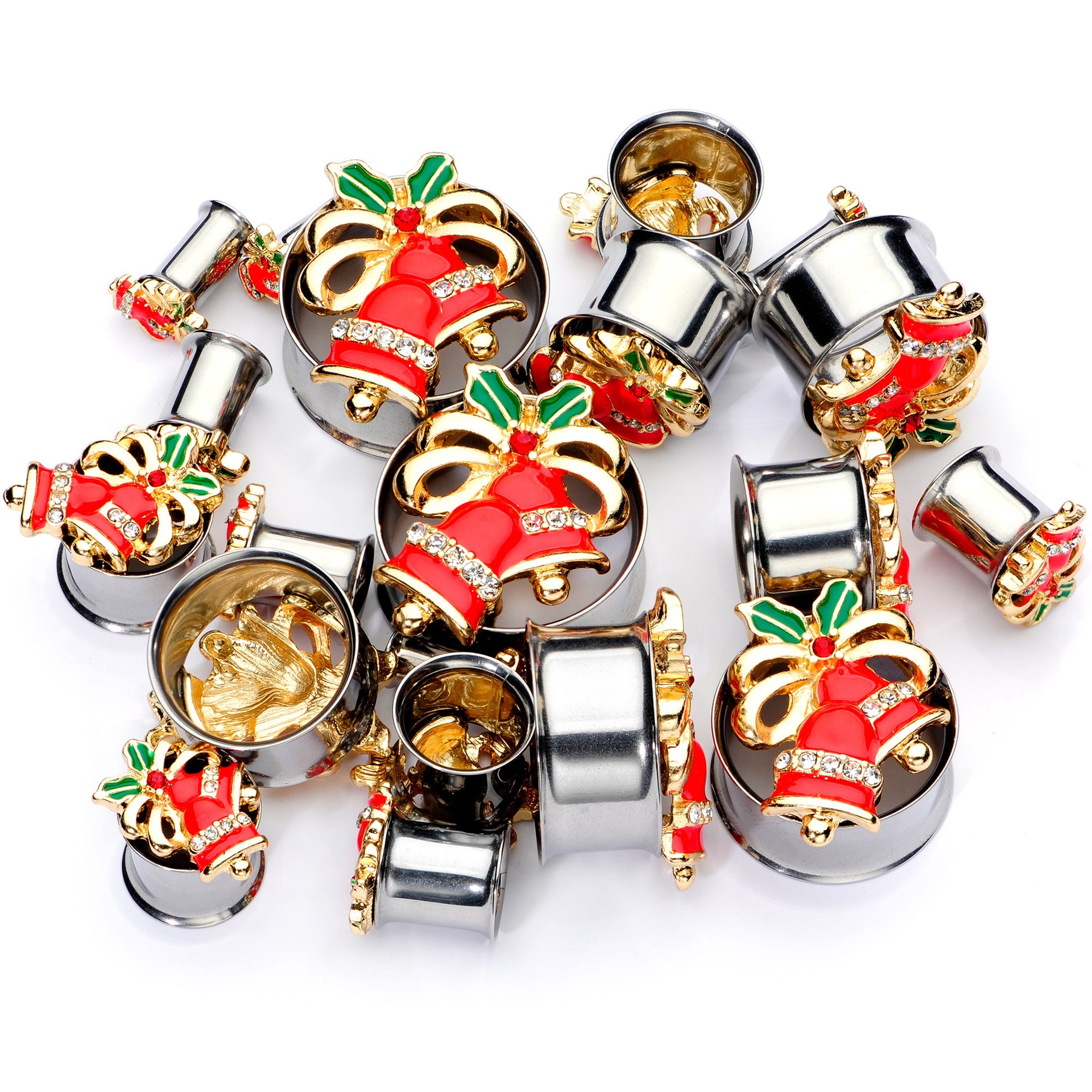 BodyCandy Clear Gem Holiday Bells Christmas Double Flare Plug Set — main product shot