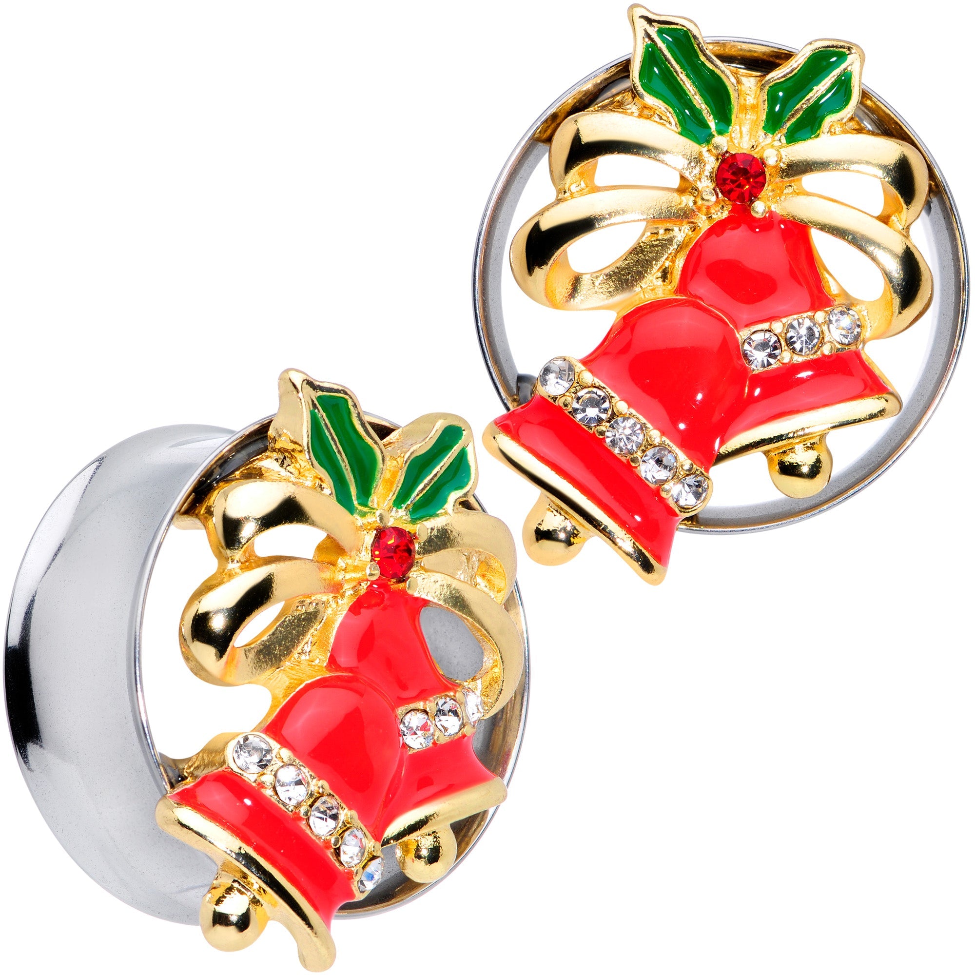 BodyCandy Clear Gem Holiday Bells Christmas Double Flare Plug Set — detail close-up