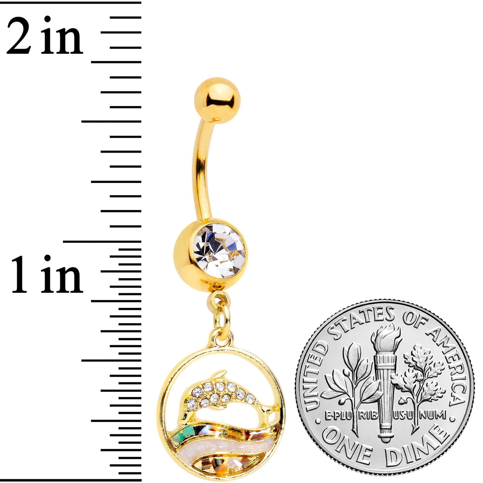 BodyCandy Clear Gem Gold Tone Leaping Dolphin Dangle Belly Ring — detail close-up