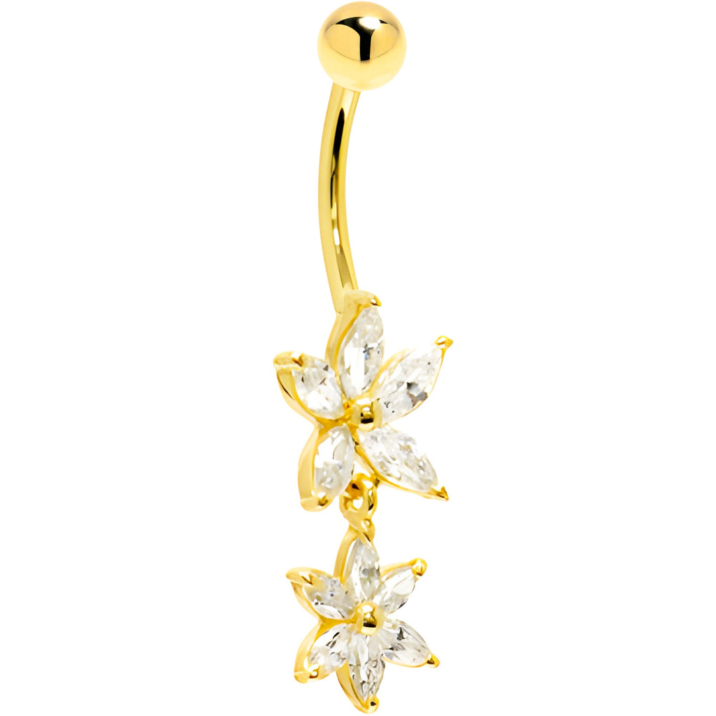 BodyCandy 16G Solid 14K Yellow Gold Cubic Zirconia DUAL LILY Dangle Belly Ring — detail close-up