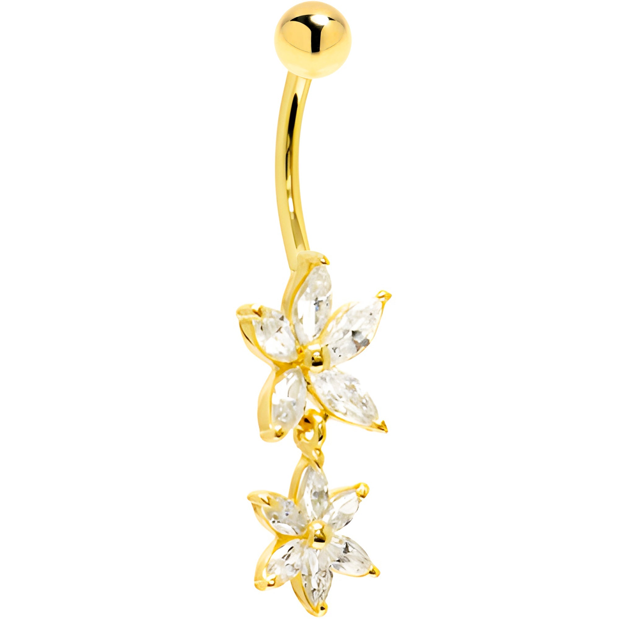 BodyCandy 16G Solid 14K Yellow Gold Cubic Zirconia DUAL LILY Dangle Belly Ring — detail close-up