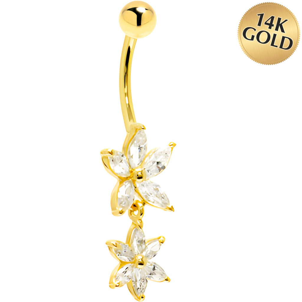 BodyCandy 16G Solid 14K Yellow Gold Cubic Zirconia DUAL LILY Dangle Belly Ring — main product shot