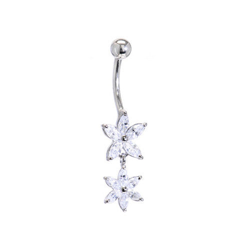 BodyCandy 16G Solid 14K White Gold Cubic Zirconia DUAL LILY Dangle Belly Ring — lifestyle context