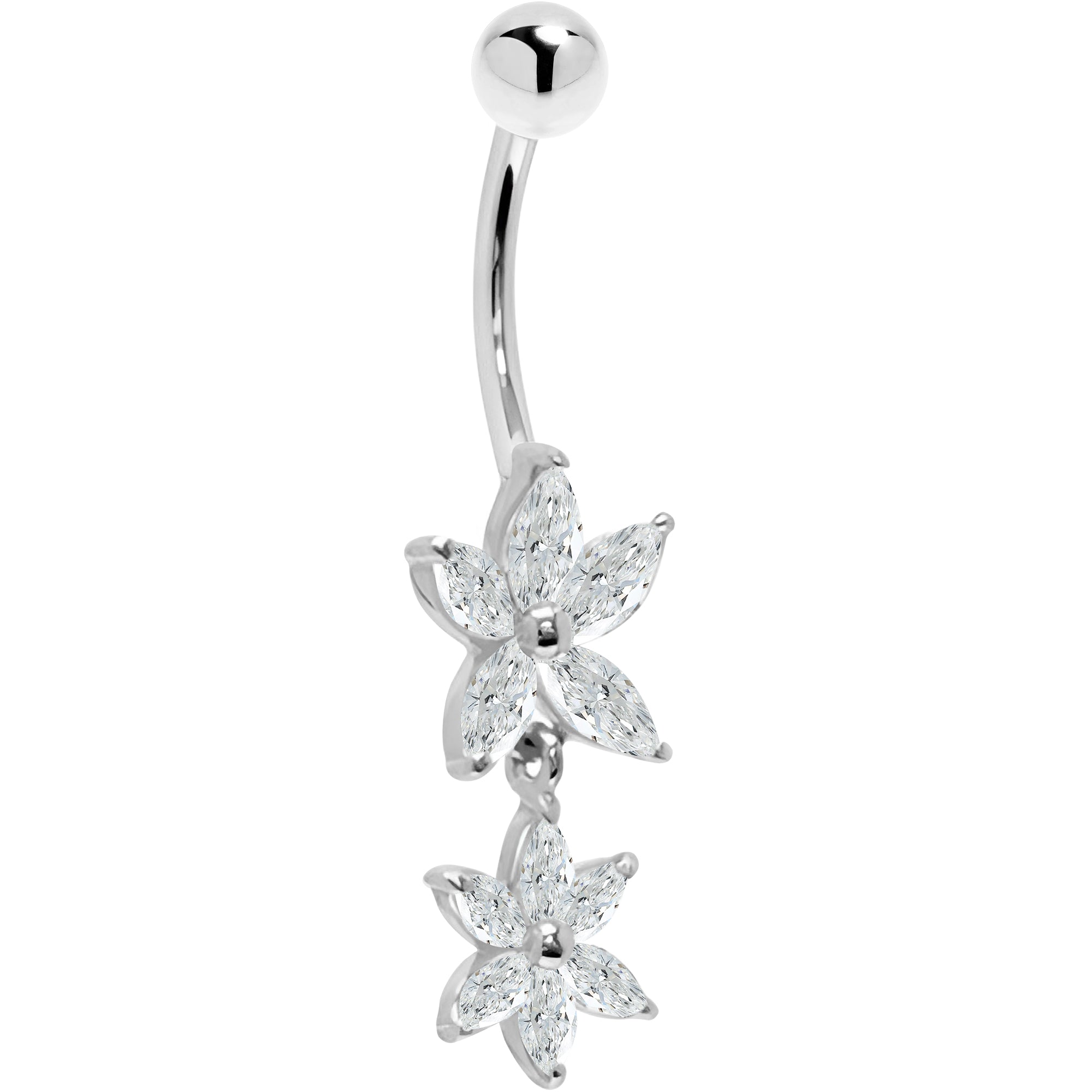 BodyCandy 16G Solid 14K White Gold Cubic Zirconia DUAL LILY Dangle Belly Ring — detail close-up