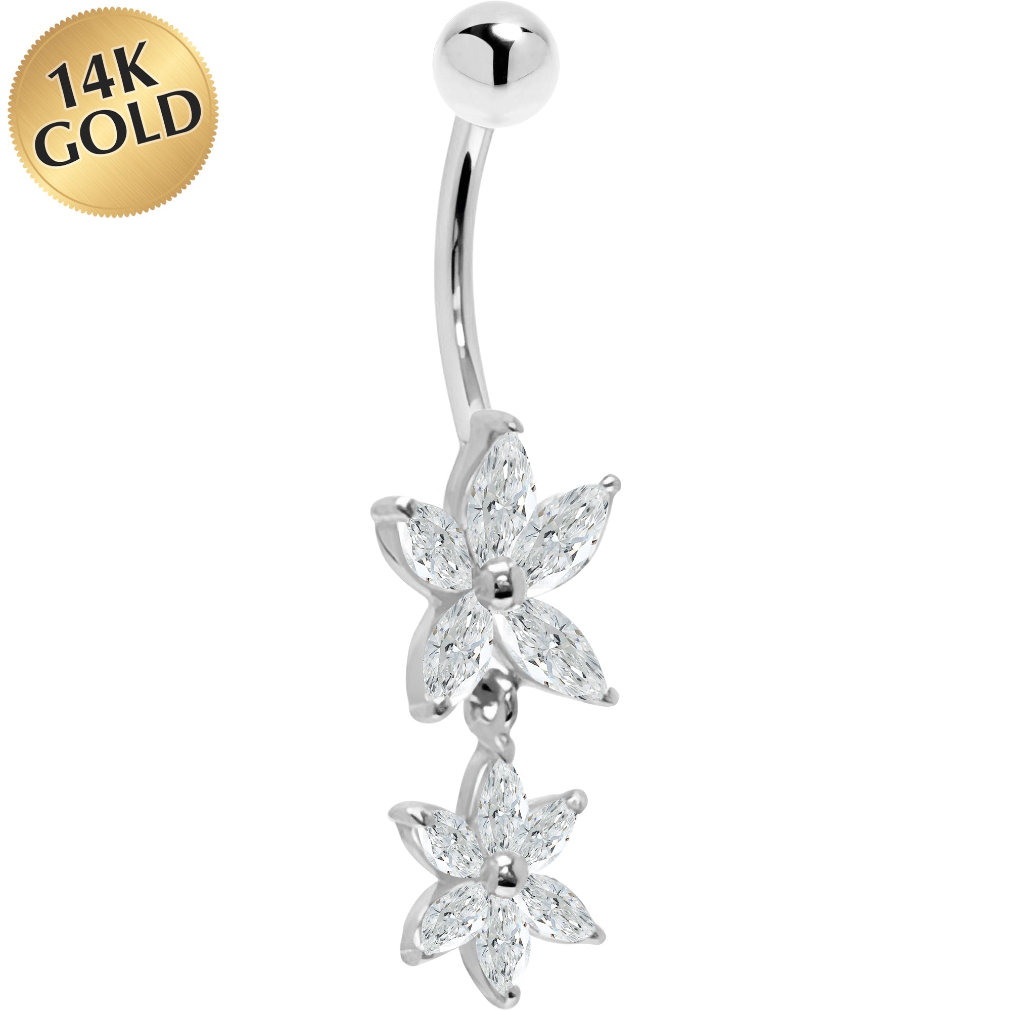 BodyCandy 16G Solid 14K White Gold Cubic Zirconia DUAL LILY Dangle Belly Ring — main product shot