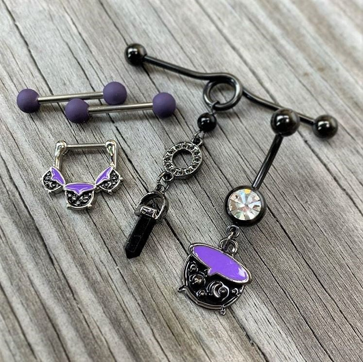 BodyCandy 14G 9/16 Purple Matte Barbell Nipple Ring Set — lifestyle context