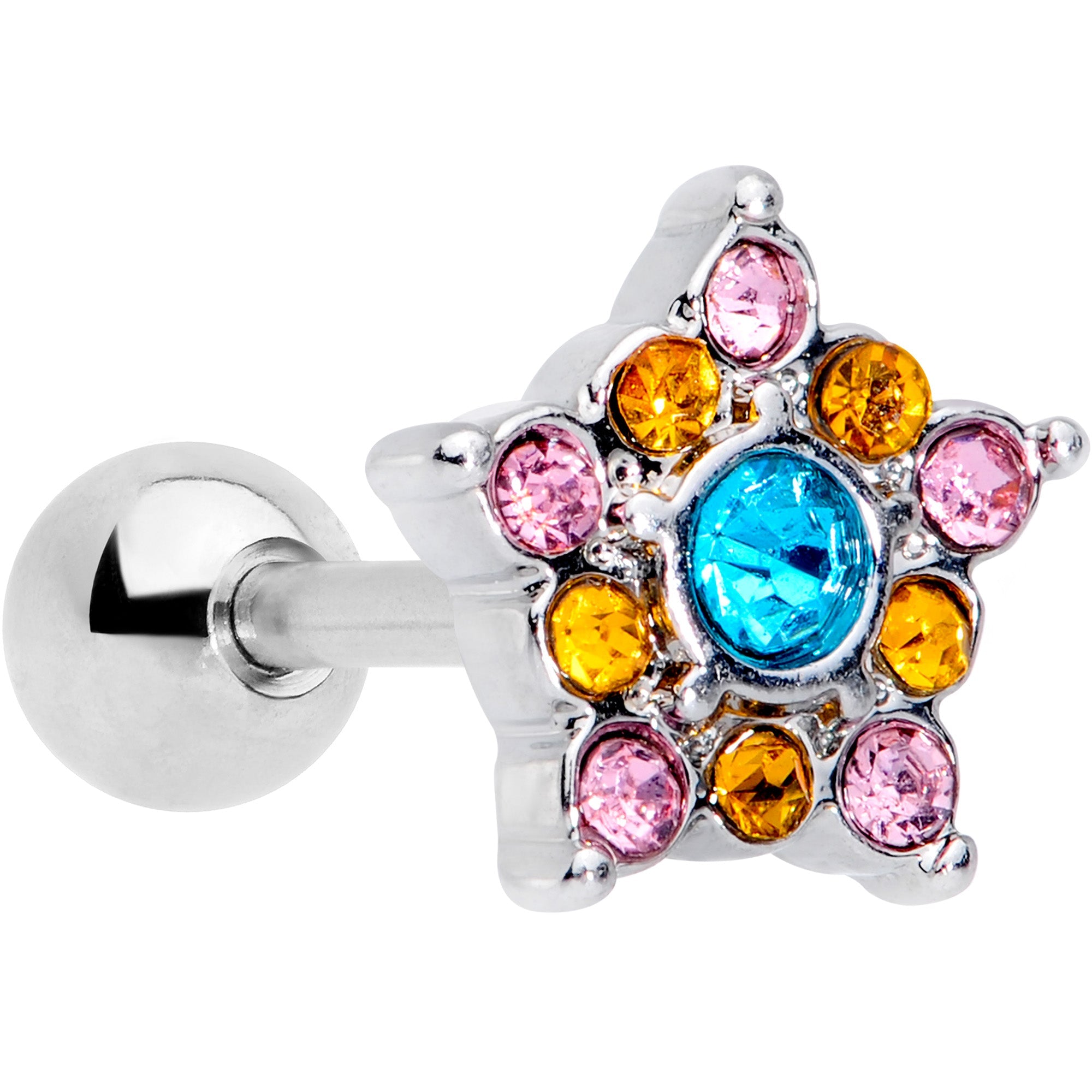 BodyCandy 16G 1/4 Pink Yellow Blue Gem Showy Star Cartilage Tragus Earring — main product shot