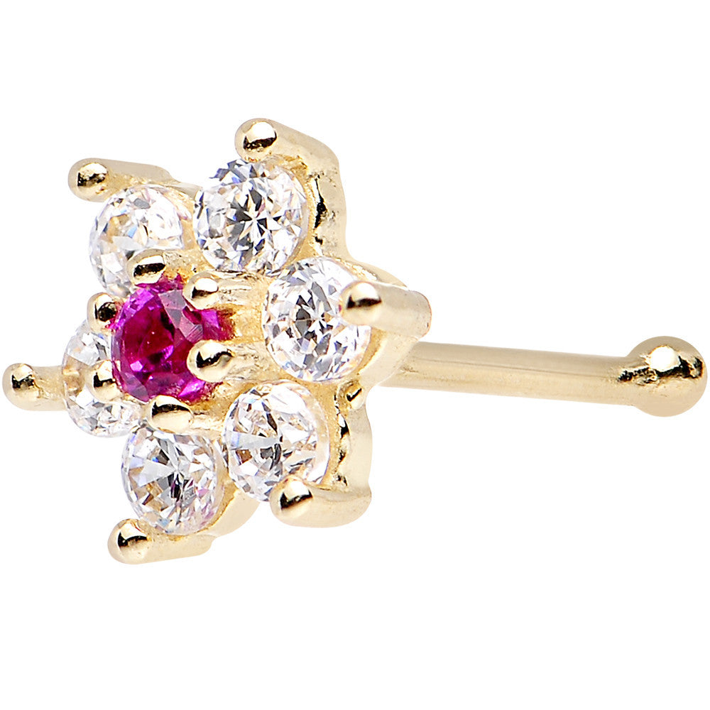 BodyCandy Solid 14K Yellow GOLD Fuchsia CZ FLOWER Nose Stud — back view