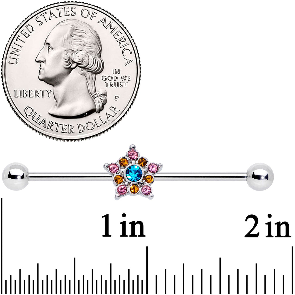BodyCandy 14G Pink Yellow Blue Gem Showy Star Industrial Barbell 38mm — detail close-up
