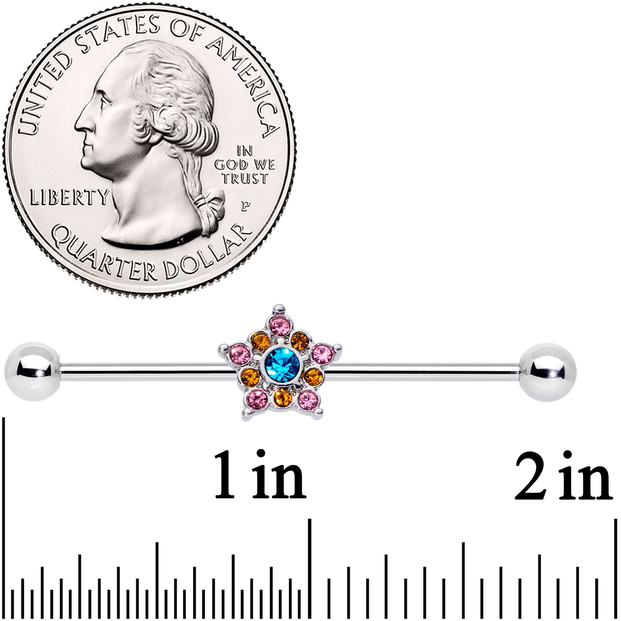 BodyCandy 14G Pink Yellow Blue Gem Showy Star Industrial Barbell 38mm — detail close-up