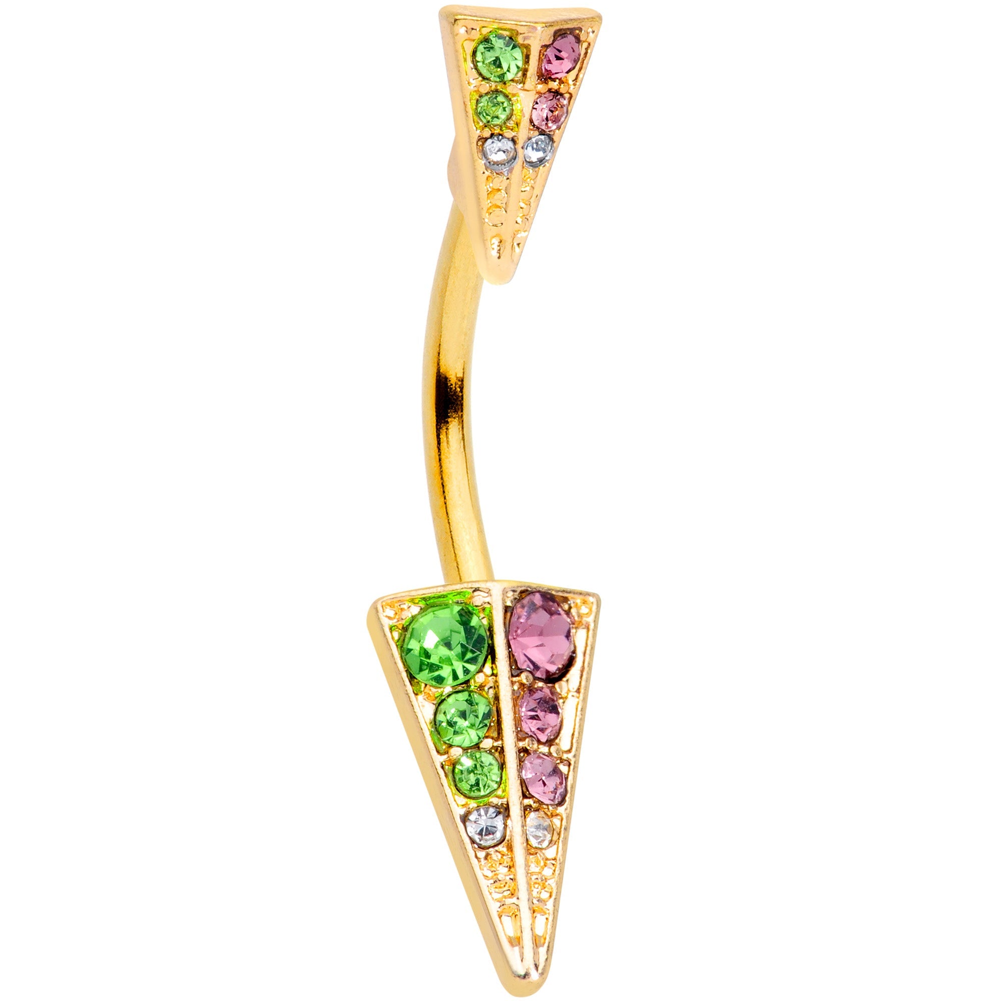 BodyCandy Pink Green Gem Gold Tone Triangle Double Mount Belly Ring — main product shot