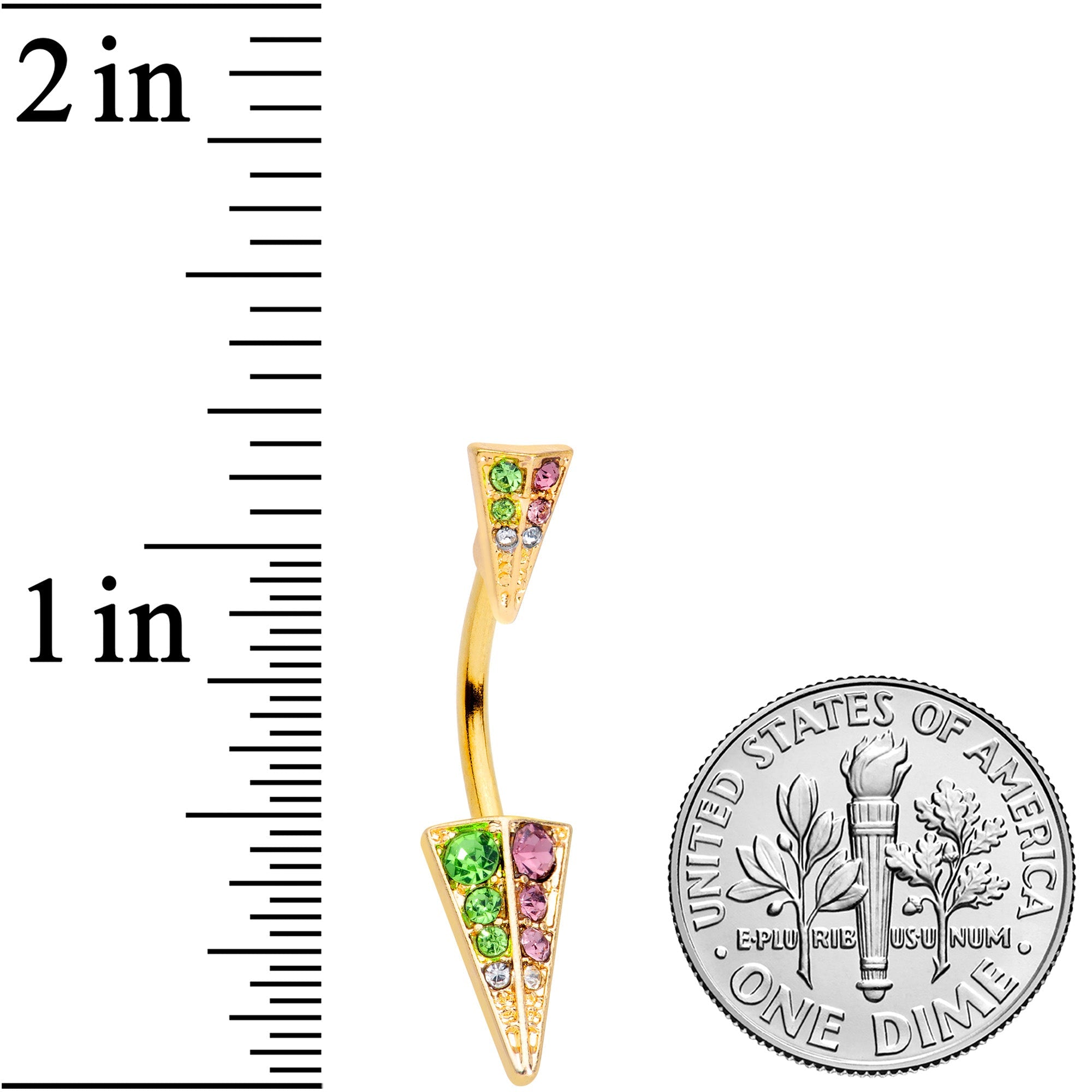 BodyCandy Pink Green Gem Gold Tone Triangle Double Mount Belly Ring — detail close-up