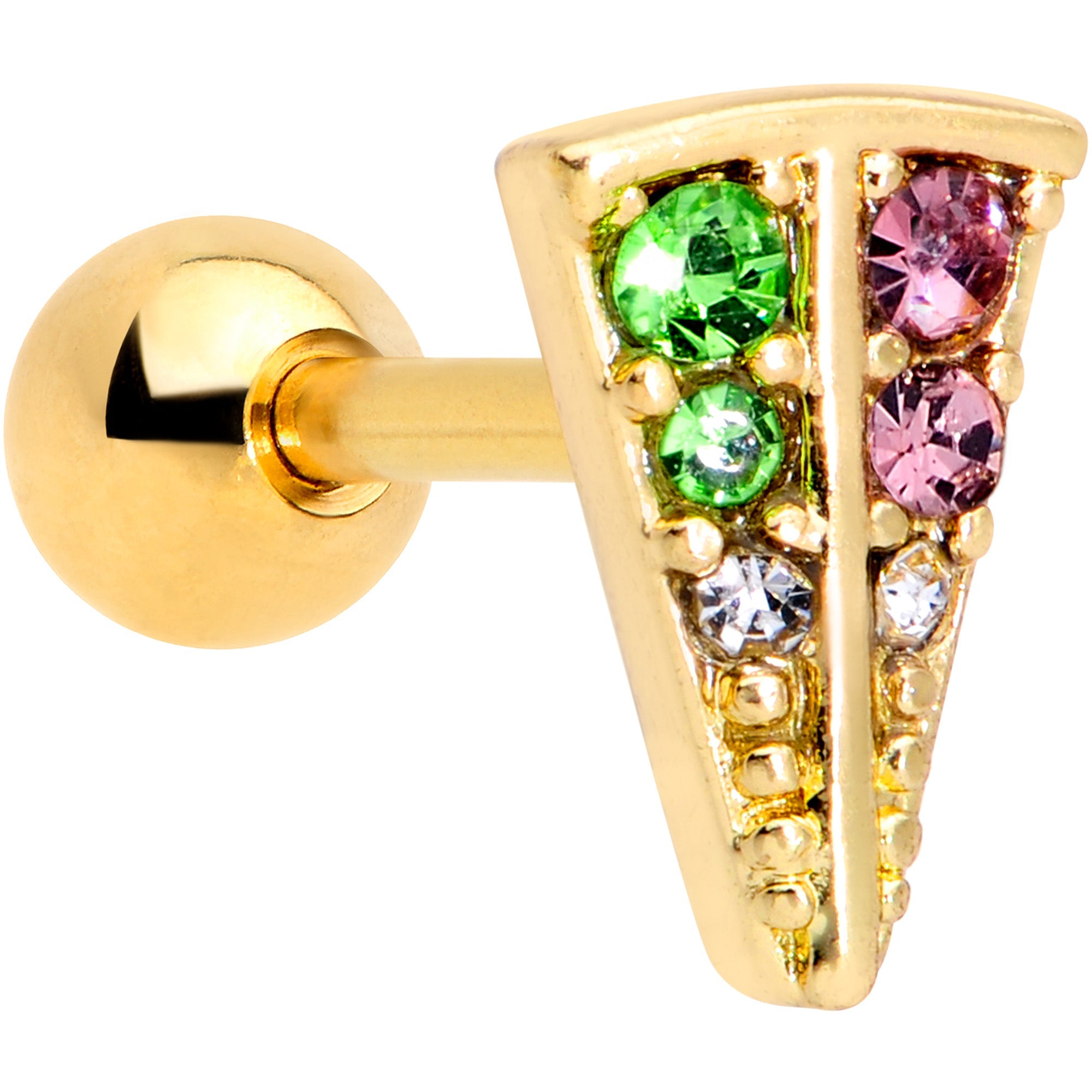 BodyCandy 16G 1/4 Pink Green Gem Gold Tone Triangle Cartilage Tragus Earring — main product shot