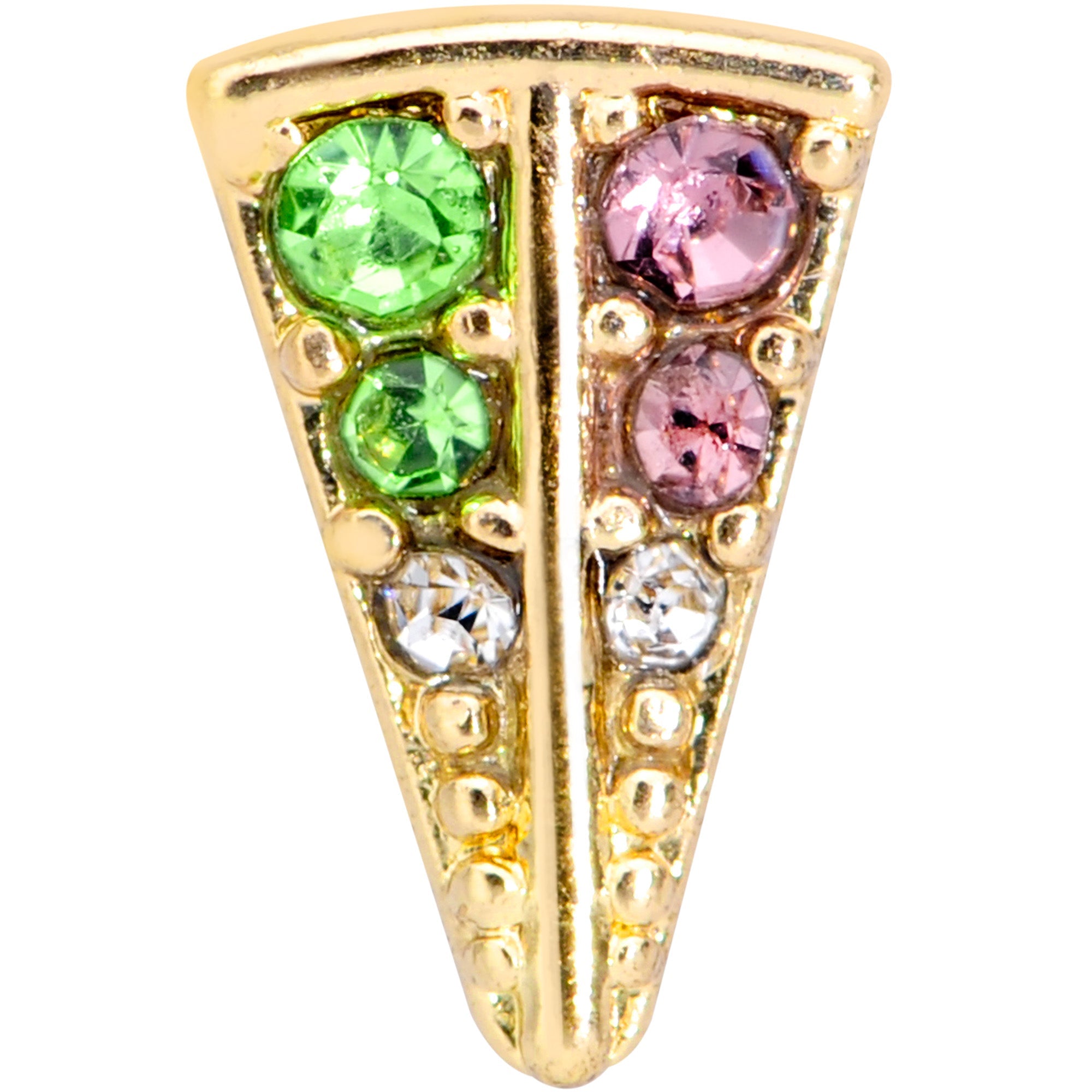 BodyCandy 16G 1/4 Pink Green Gem Gold Tone Triangle Cartilage Tragus Earring — detail close-up